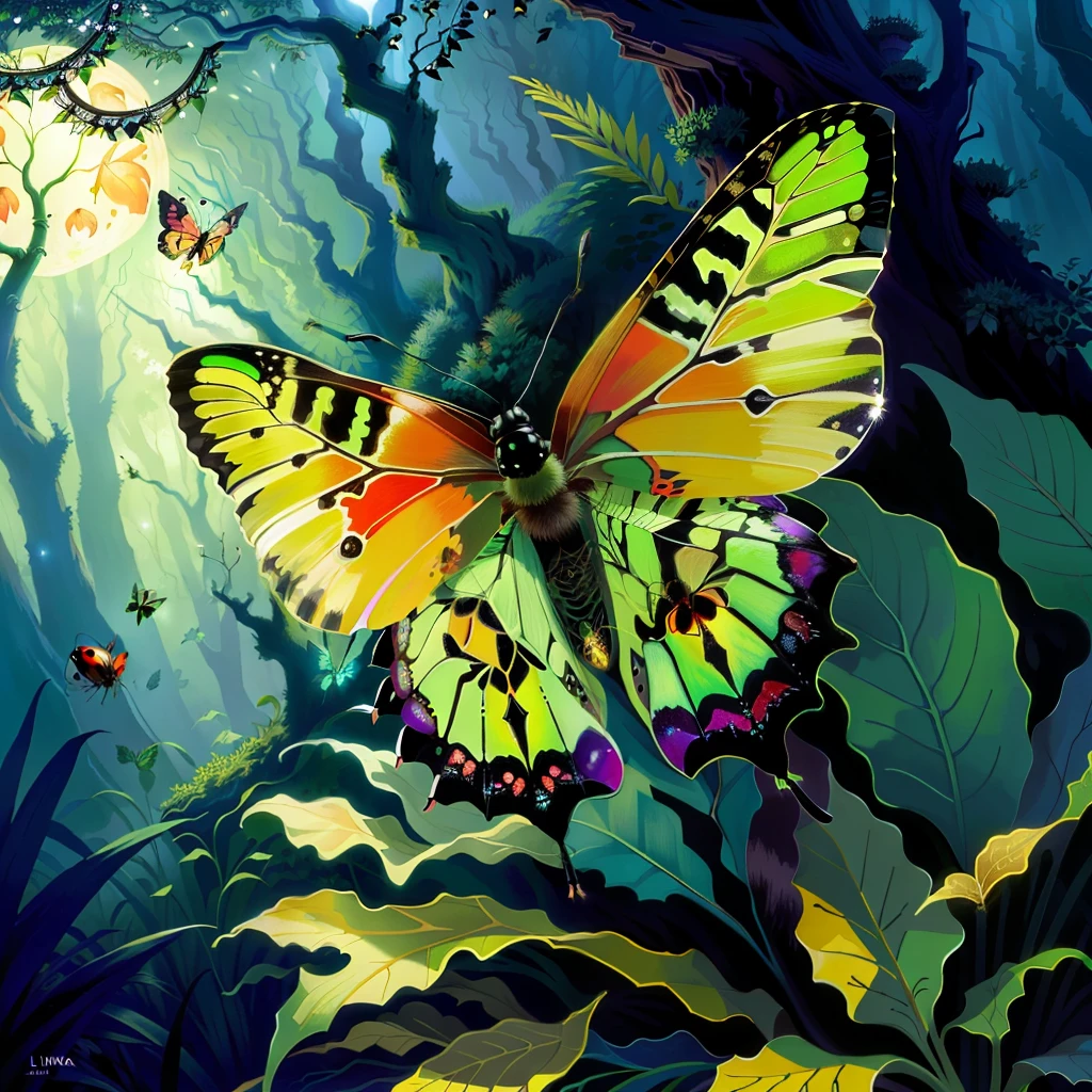 Luna moth, Large Ants, Large Anthill, forest, fireflies, ladybug
