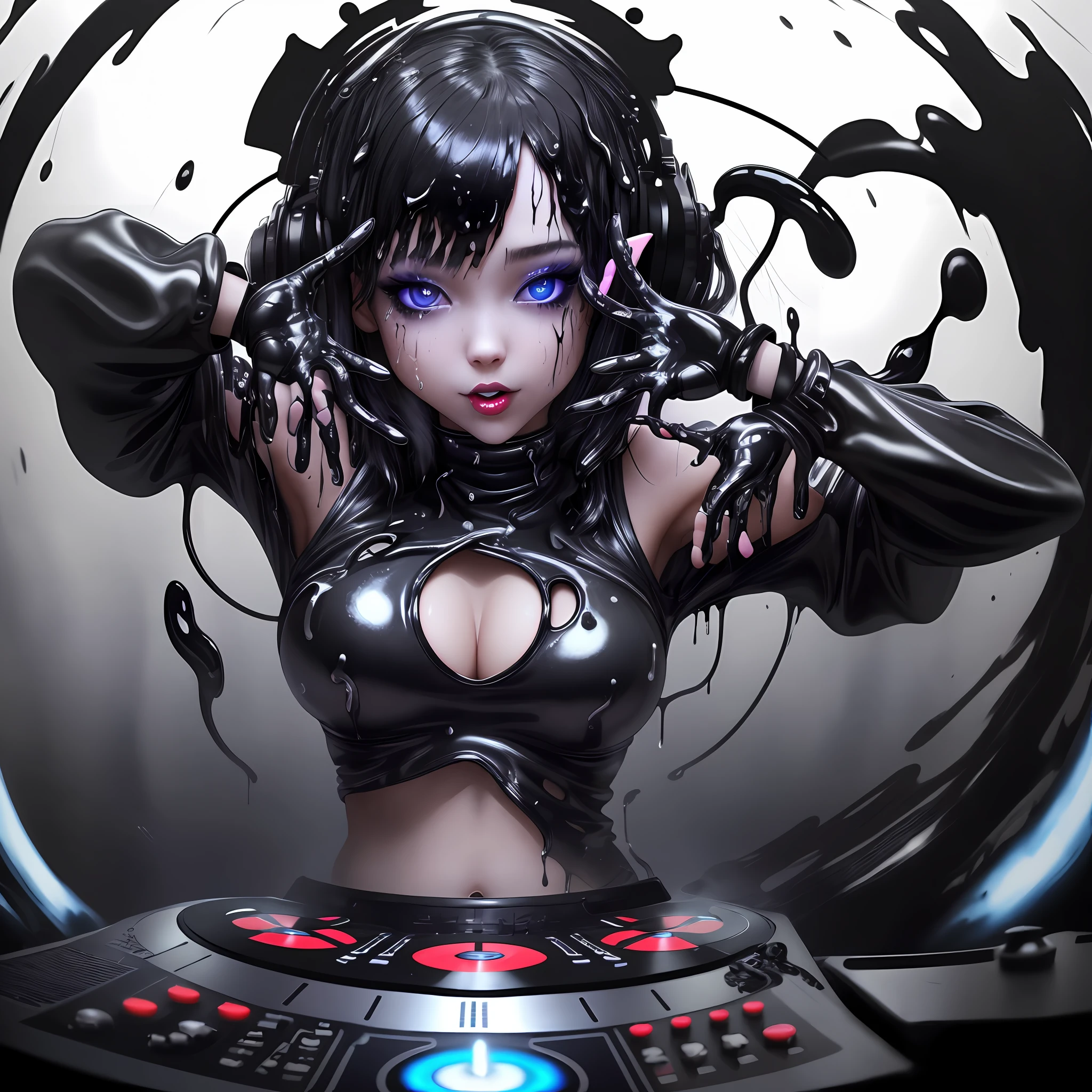 A mesmerizing DJ, with black goo oozing from her fingertips, slides her fingers across the decks, causing the goo to spread across the surface and drip onto the decks, creating a captivating and unique musical atmosphere.
