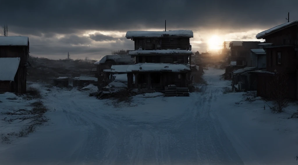 ((future, post-apocalypse, post-war,suburb)),(very old stalker hunting),winter day,sun,sorrow,pain dangerous atmosphere around,winter,very cold, intricate details,extremely detailed,vintage stile, drama,dynamic light,exposure bend,Iryna Yermolova,Patrick Dougherty