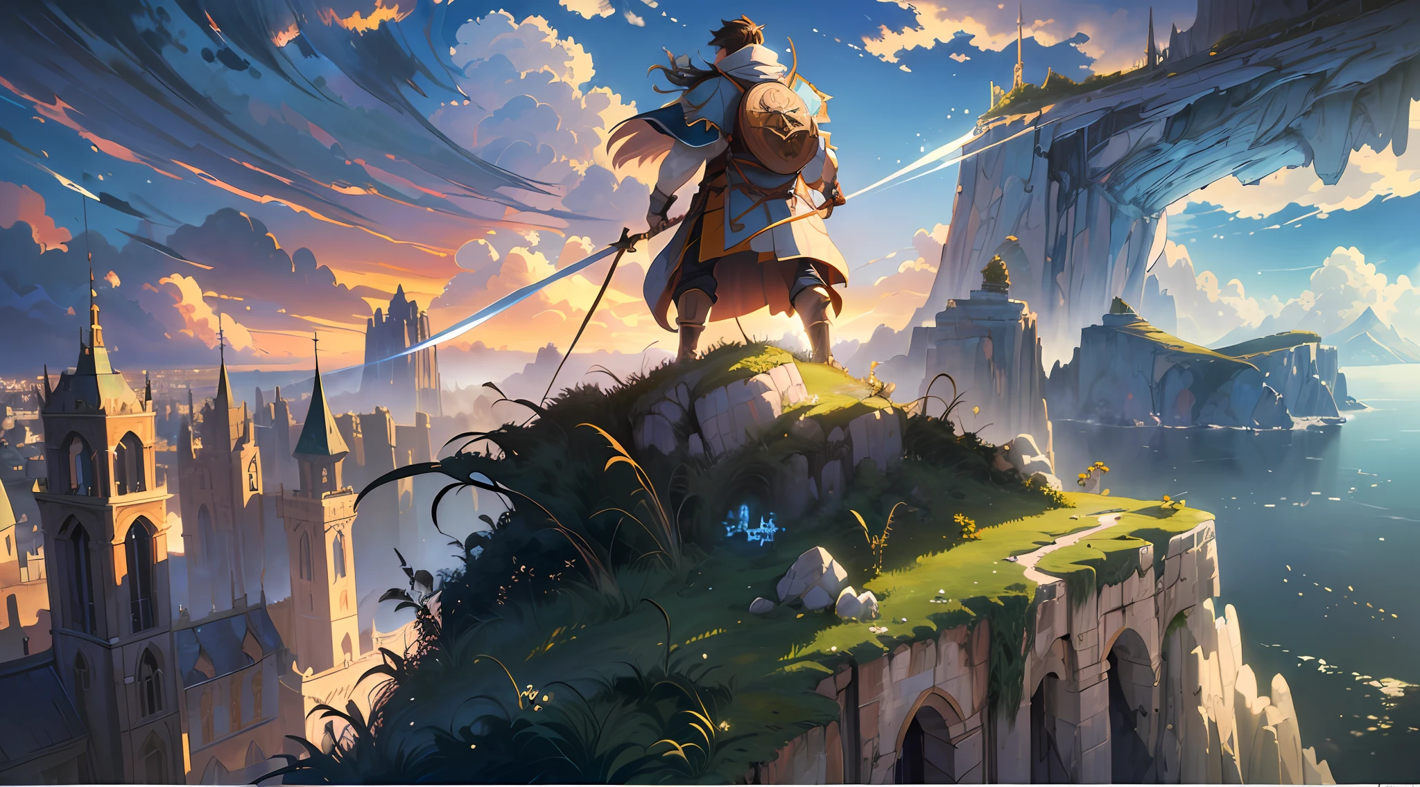 (Ultra detailed), (masterpiece), (best quality), (very detailed CG unit 8k wallpaper), (((extremely wide shot)))), ((a medieval explorer)), male, exploring, warped clouds, back view, ((on top of a cliff)), male anatomy, soft light, conceptual art, dramatic, cinematic, highly detailed, stylized wallpaper, (((air view)) --v6