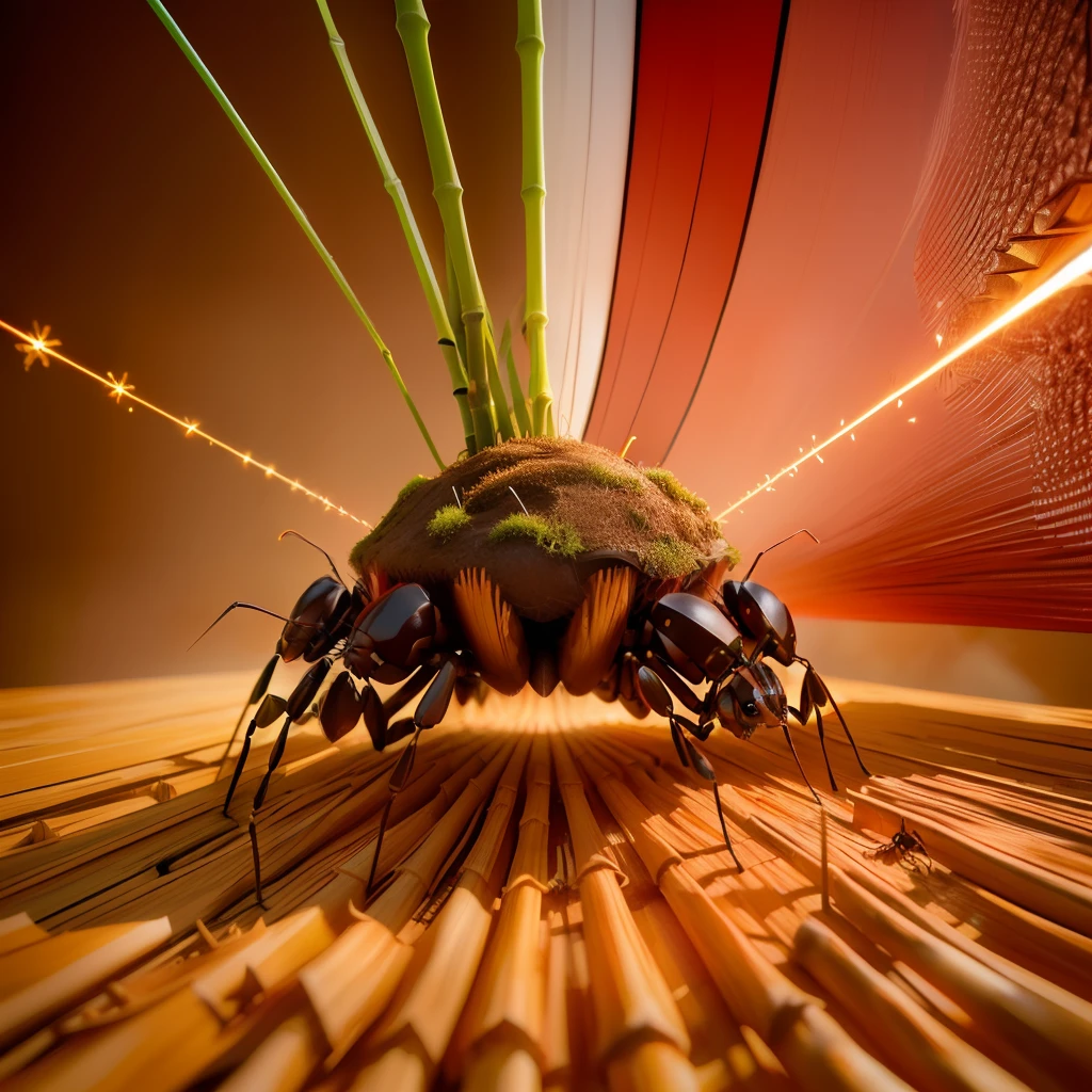 The ant nest is in the form of sharp bamboo and there is a Indonesian flag on it, ants with laser eyes, 3d, fantasy