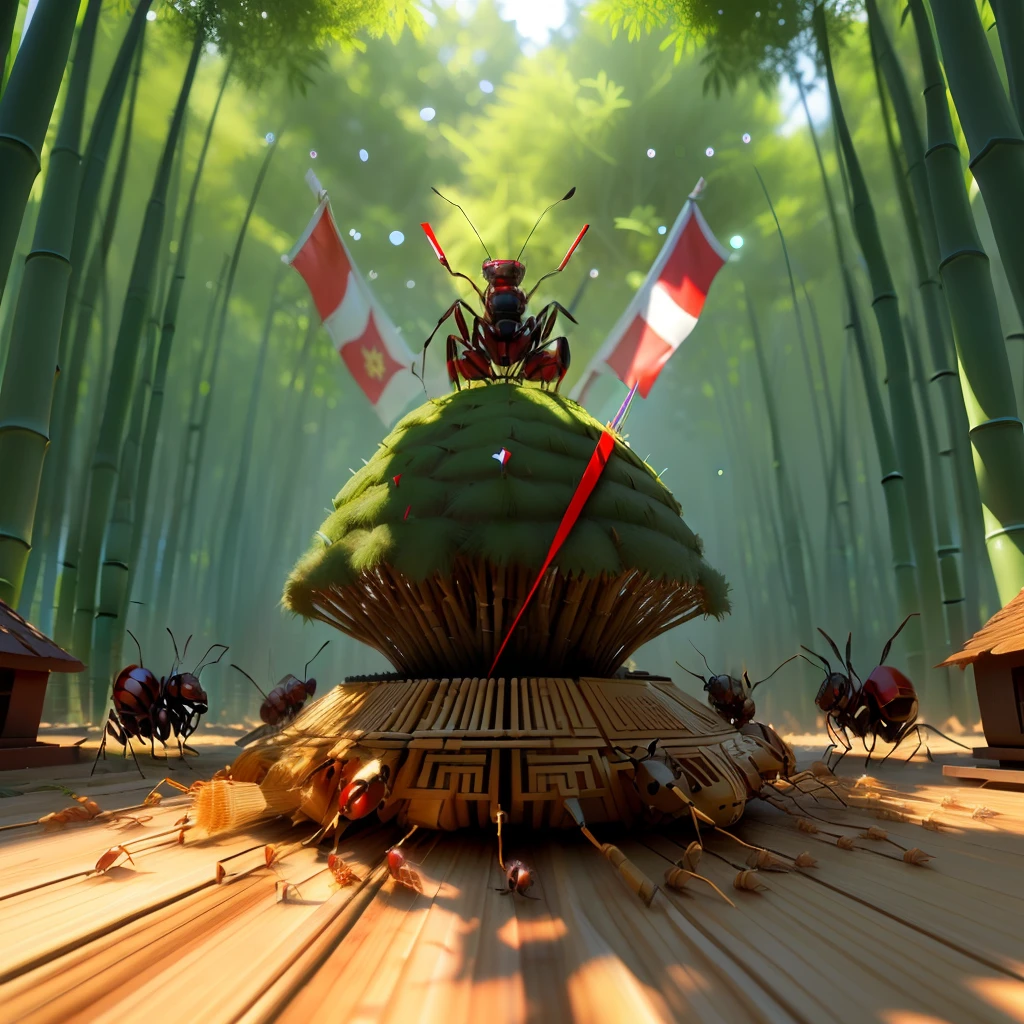 The ant nest is in the form of sharp bamboo and there is a Indonesian flag on it, ants with laser eyes, 3d, fantasy