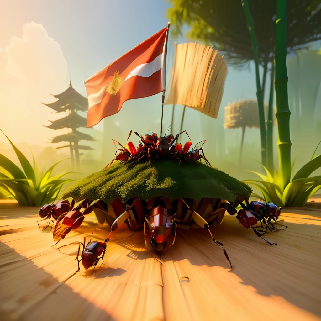 The ant nest is in the form of sharp bamboo and there is a Indonesian flag on it, ants with laser eyes, 3d, fantasy