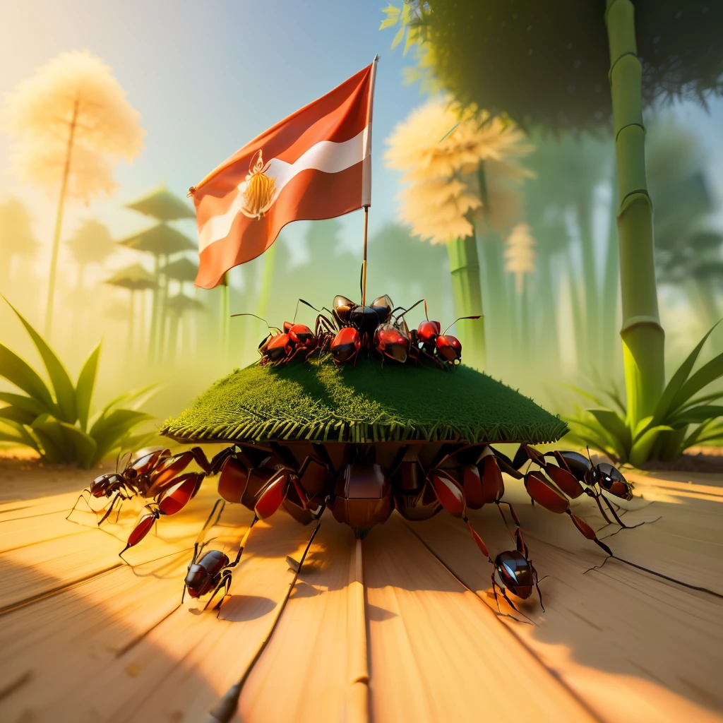 The ant nest is in the form of sharp bamboo and there is a Indonesian flag on it, ants with laser eyes, 3d, fantasy