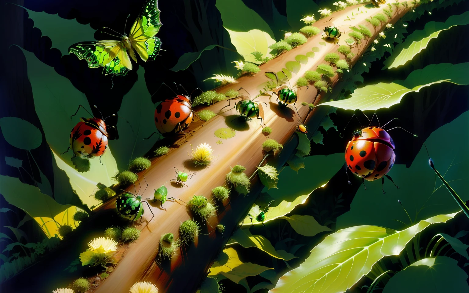 small luna moth, giant ants, enormous anthill, forest, fireflies, ladybug