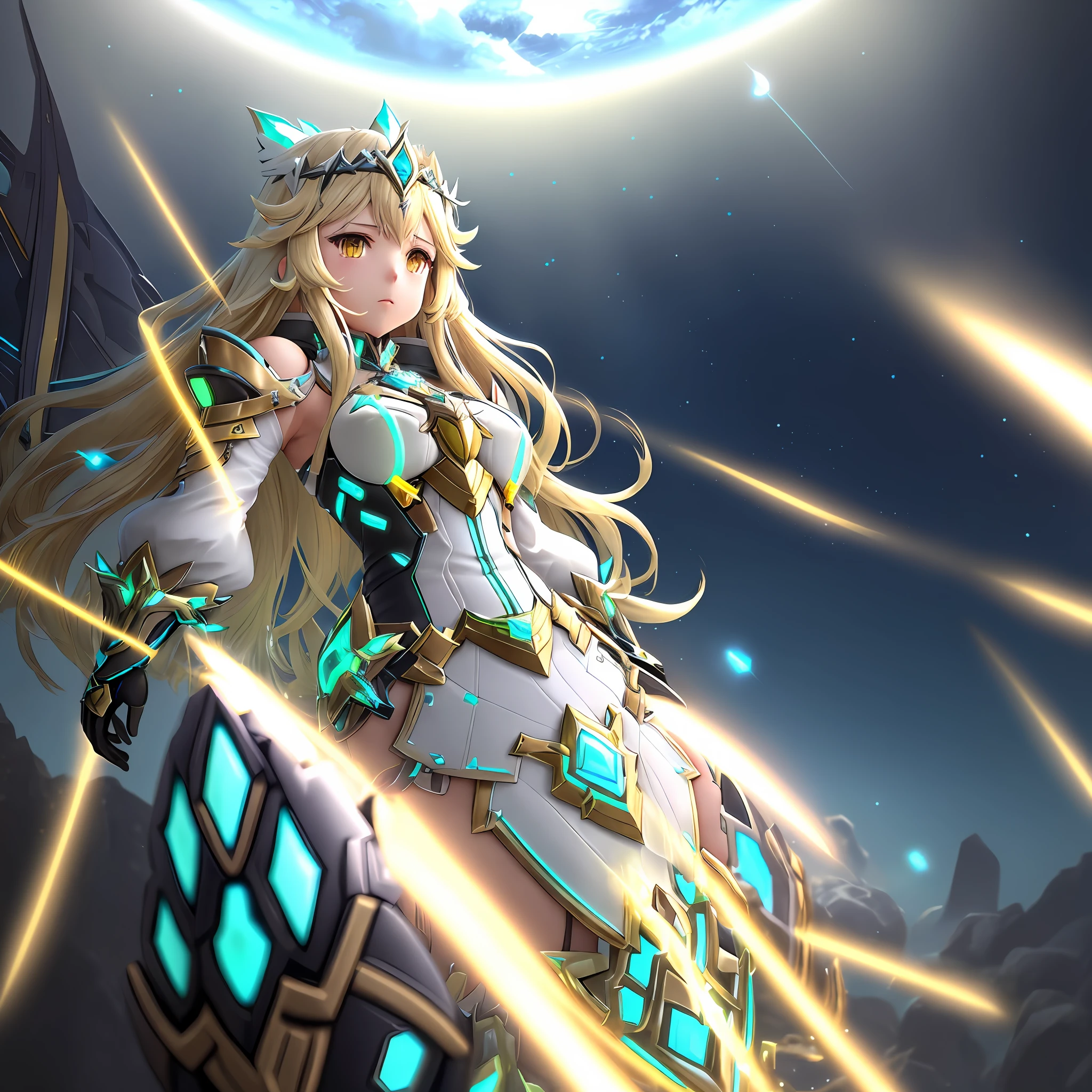 Mythra xenoblade 2 sky background, tiara, blond and long hair, neon trim, yellow eyes xenoblade chronicles series, tiara