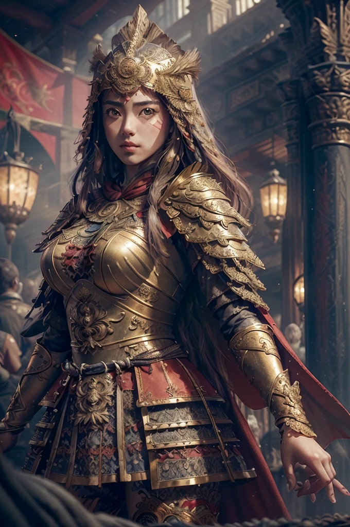 ((masterpiece))), (((best quality))), ((ultra-detailed)), (hyperrealistic), (highly detailed CG illustration), cinematic light, photorealistic ,extremely beautiful young lady, light makeup, big breast, intricate detailed eaba, red cape, spear