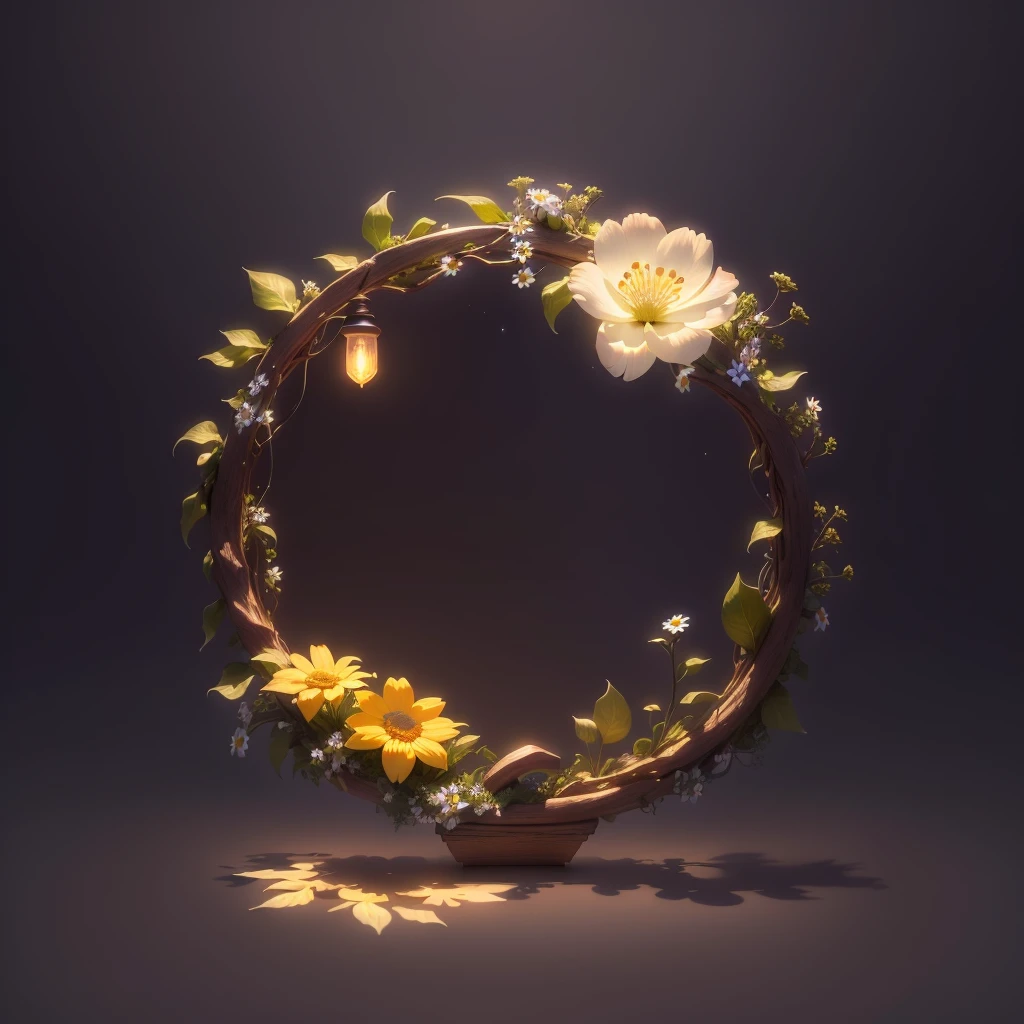 bouquet of daisies and forget-me-nots, super transparent, holy light, beautiful spectral light, petals glow, flashing, dark background, drops of transparent light, reflective light, bright, light flows inward, optics, portrait profile, sharp focus, magical, intricate, ultra-realistic, fantasy, composition, light, trend on artstation, pearl, patronus cloud silver couple, edible enveloping ray family, 8k, ureal ar 23v4 uplightmasterpiece, best quality (extremely detailed CG unity 8k wallpapers), (best quality), (best illustration), (best shadow), UI frame design (simple background: 1.5), (round shape), leaves, twigs, vines, flowers, particle effect, natural elements, jungle theme, octane rendering, ray tracing, overdetail
