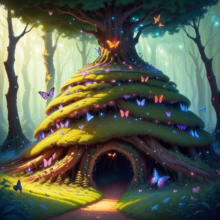 magical forest Large anthill, Ants, fireflies, moths, butterflies