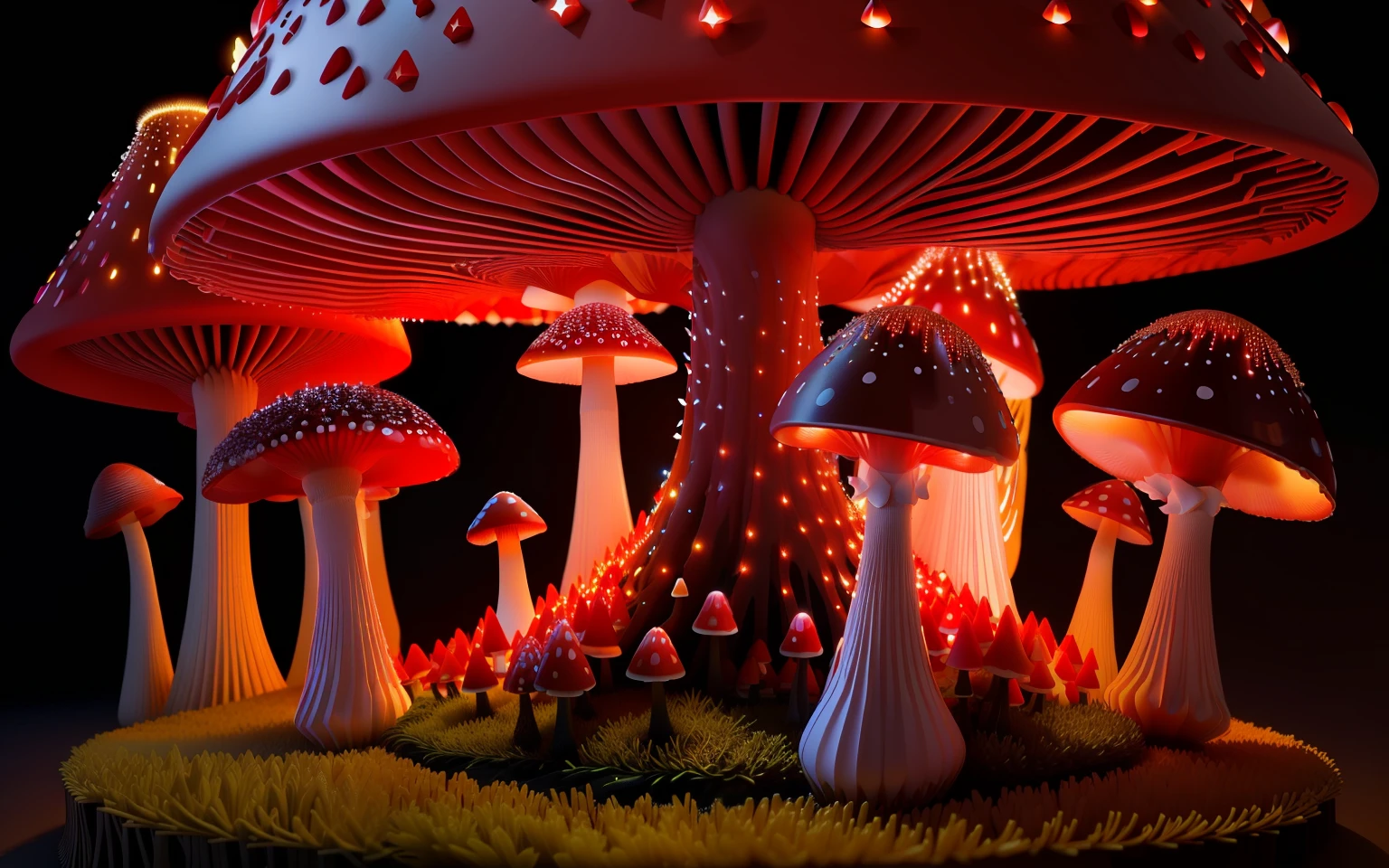 beautiful wide red crystal mushroom anthill, some fairy lights on, 3D, HD