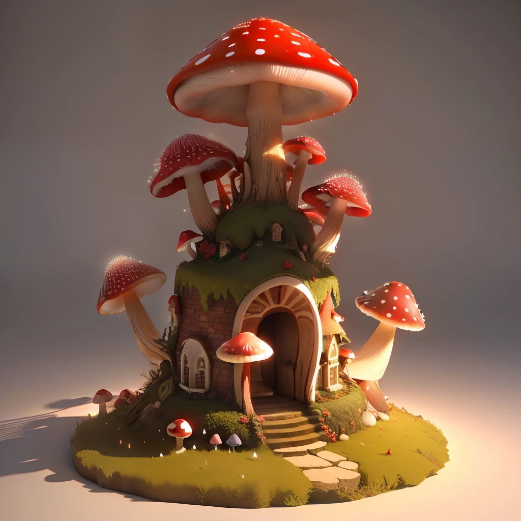 beautiful wide red crystal mushroom anthill, some fairy lights on, 3D, HD, small flower tower on top