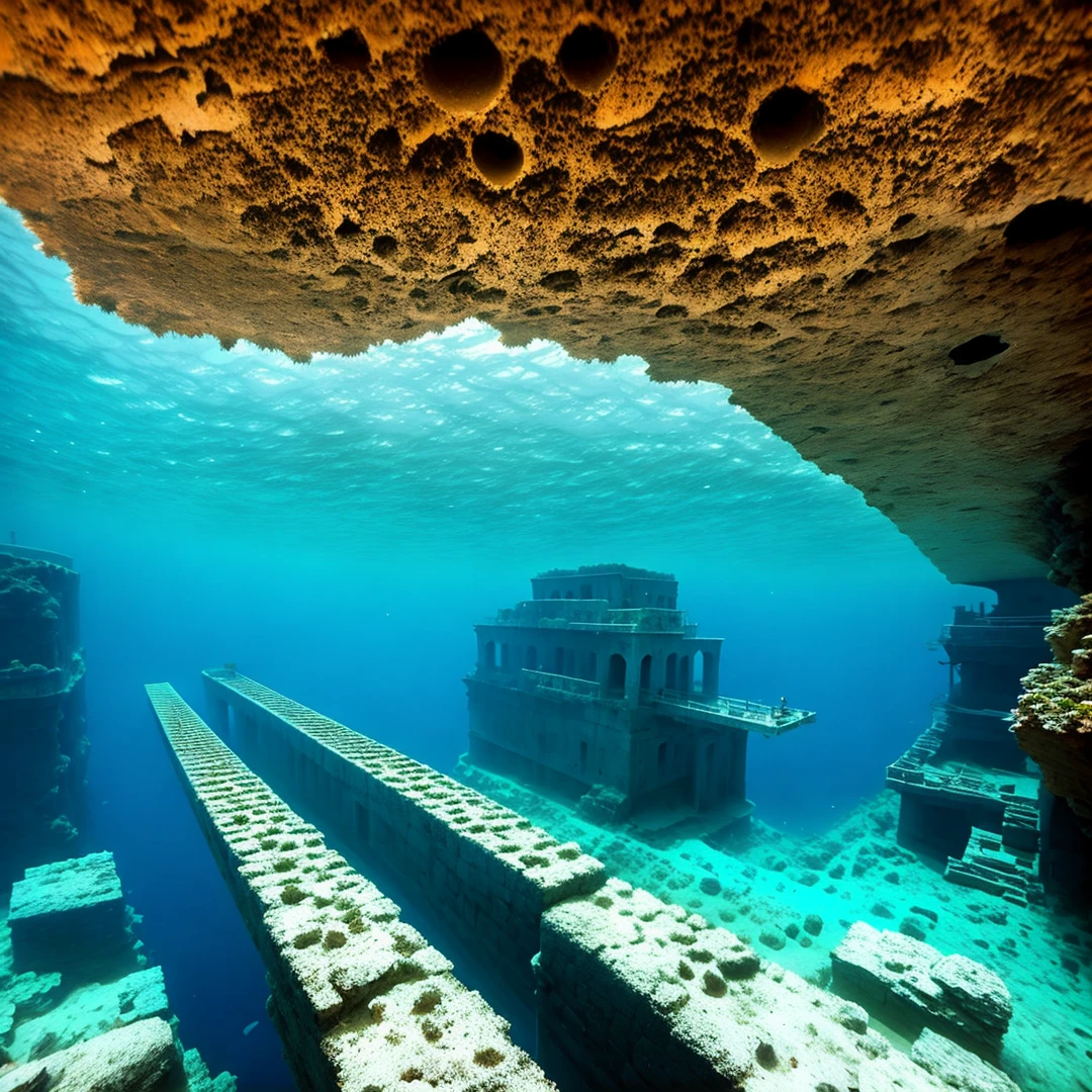 ruined underwater greek atlantic subway system, vivid, epic, art