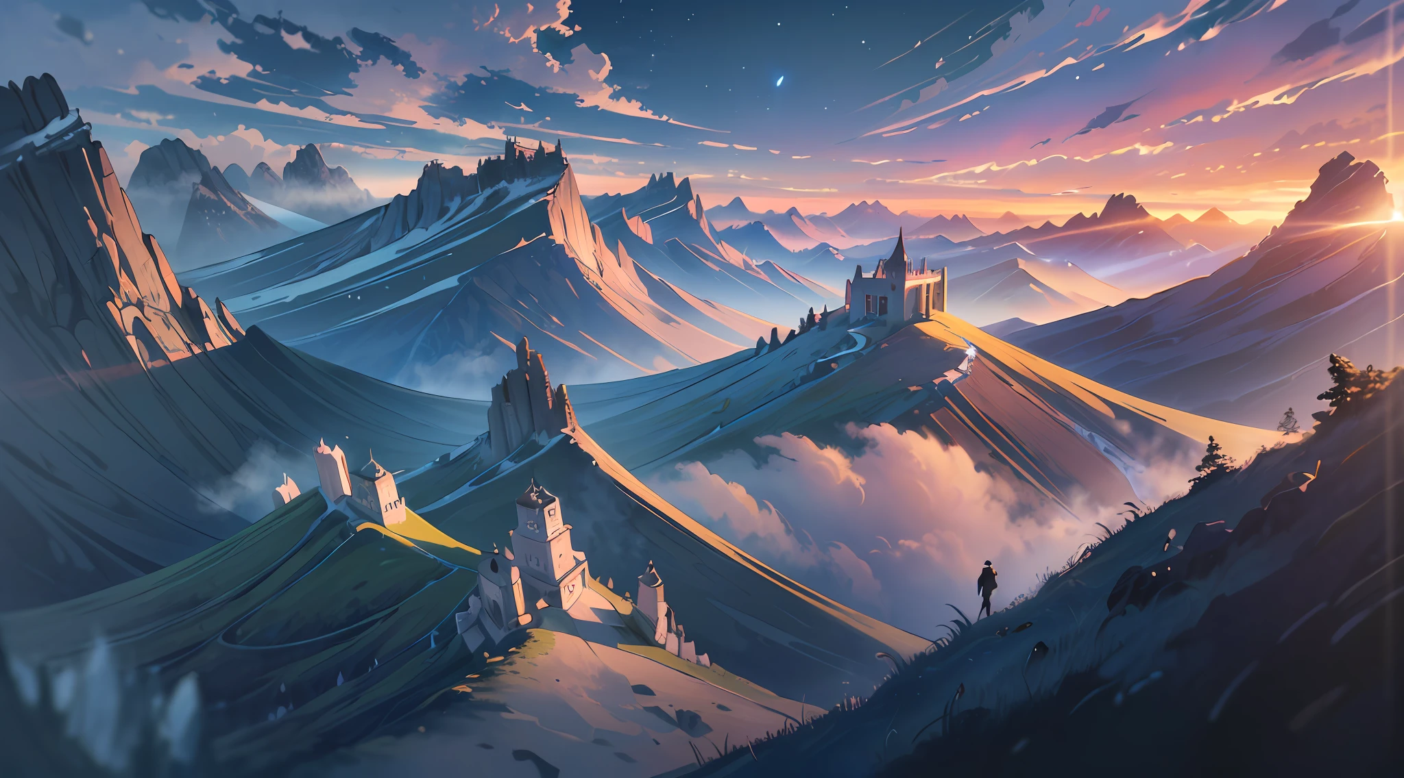 (Ultra detailed), (masterpiece), (best quality), (very detailed CG unit 8k wallpaper), (((extremely wide shot)))), ((a medieval explorer)), male, exploring, warped clouds, back view, ((on top of a hill)), male anatomy, soft light, conceptual art, dramatic, cinematic, highly detailed, stylized wallpaper, (((air view)) --v6
