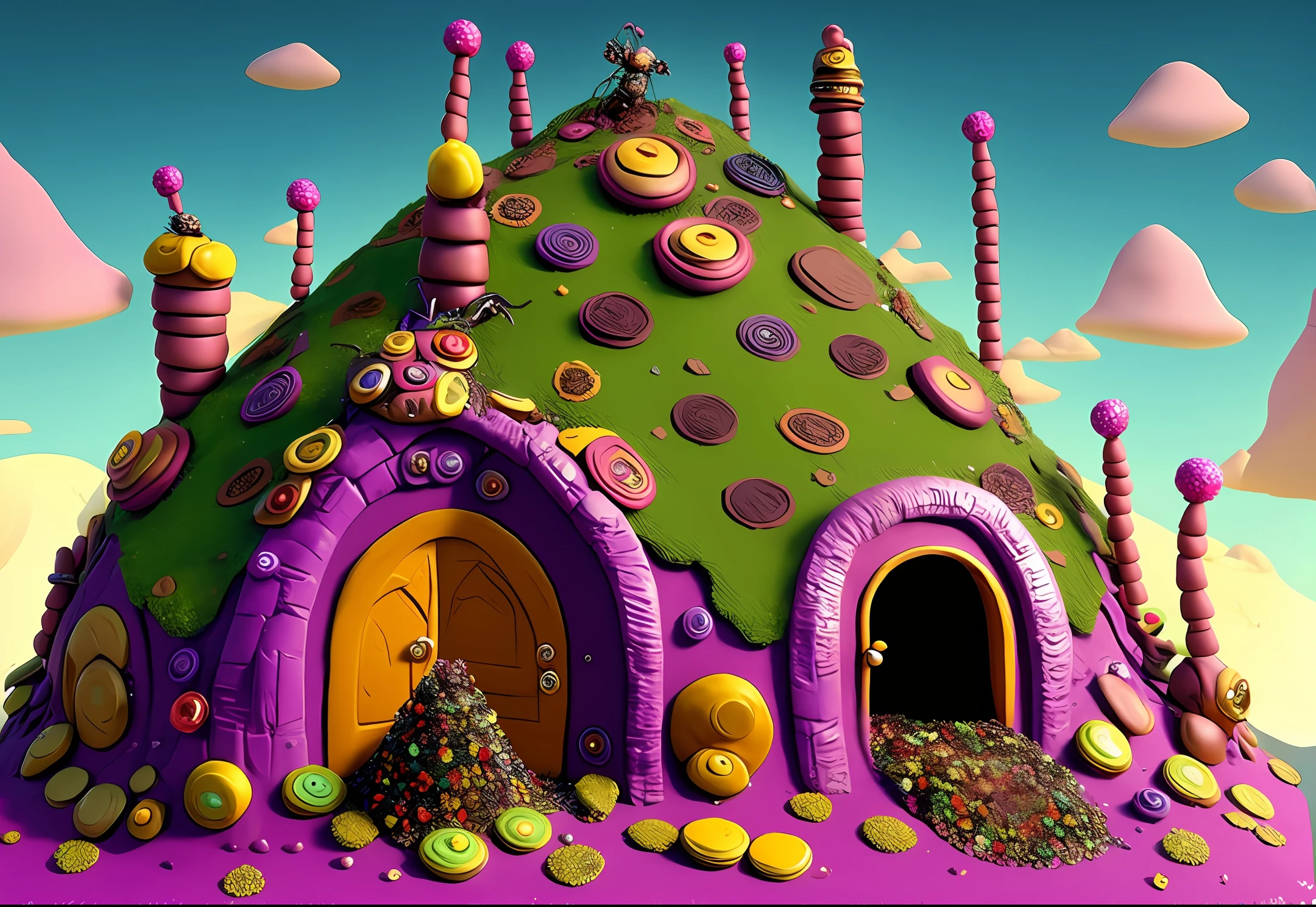 high quality, detailed ant hill in the style of Willy Wonka, colorful, epic