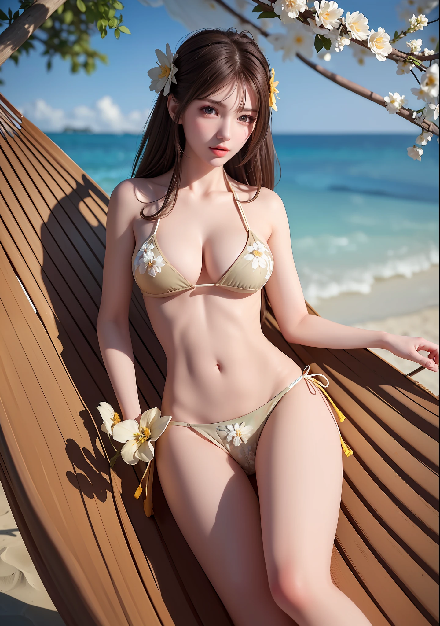 ((Best quality, 8k, Masterpiece :1.3)), A pretty 1woman with perfect figure :1.4, Slender abs :1.3, ((light brown hair, realistic big breasts :1.2)), (wearing flower micro bikini:1.5), (Lying on hammock, Hammock, At the beach:1.2), Highly detailed face and skin texture, Detailed eyes, Double eyelid.