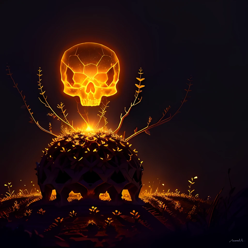 anthill in shape of an old human skull glowing in the dark with tendrils around and a big dark butterfly flying around