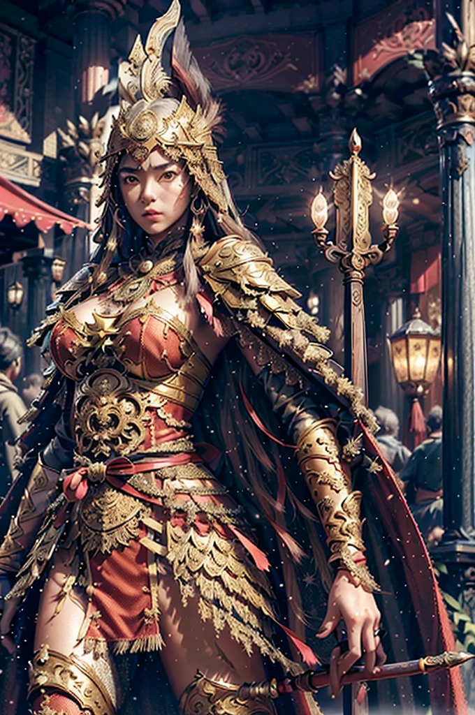 ((masterpiece))), (((best quality))), ((ultra-detailed)), (hyperrealistic), (highly detailed CG illustration), cinematic light, photorealistic ,extremely beautiful young lady, light makeup, big breast, intricate detailed eaba, red cape, spear
