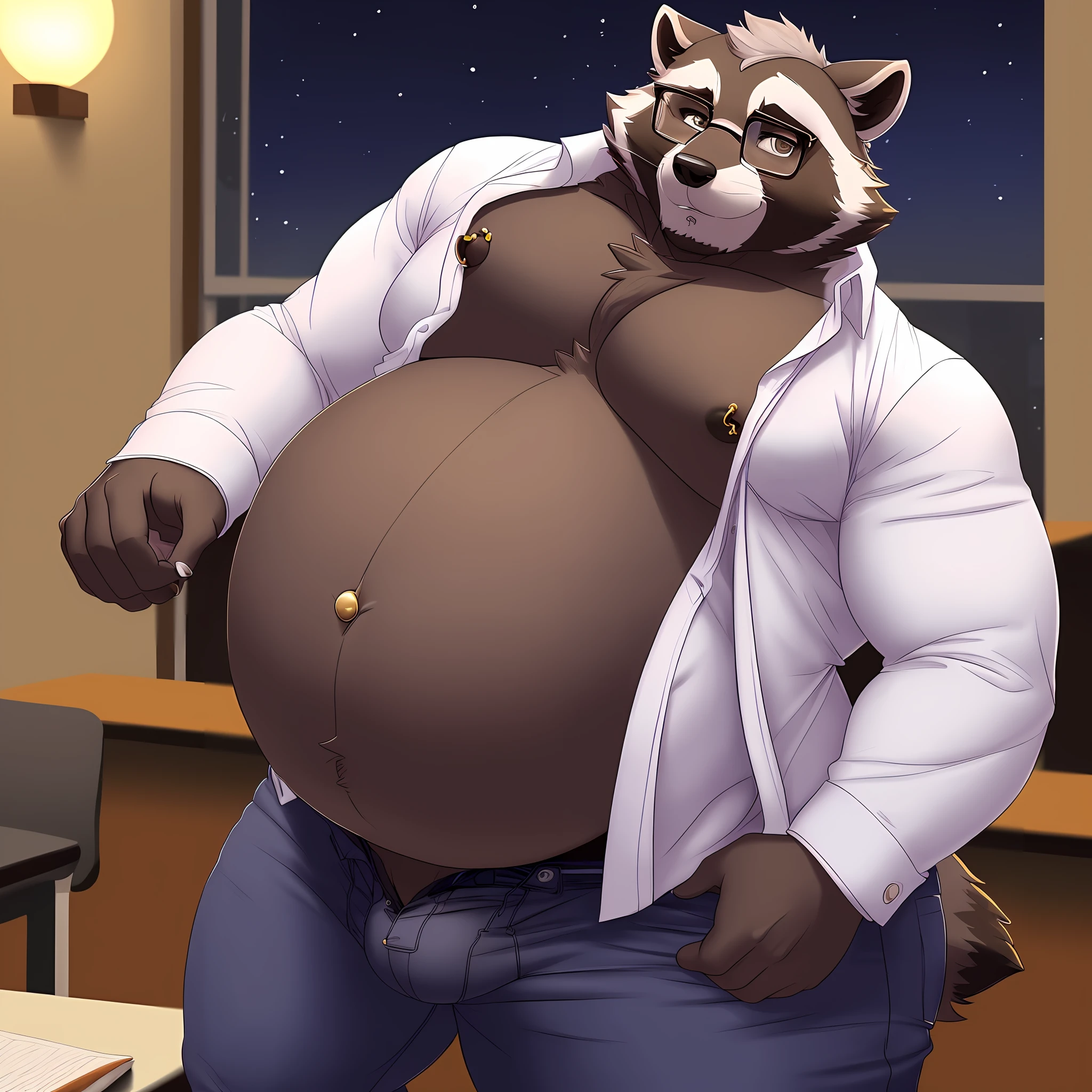 anthro, male, 1boy, solo focus, raccoon, classroom, teacher, night, dim, detailed eyes, detailed pants, open shirt, detailed clothing, bare chest, big pecs, big belly, detailed nipple piercings, underwear bulge, extremely pregnant, dilf, daddy, glasses, moobs