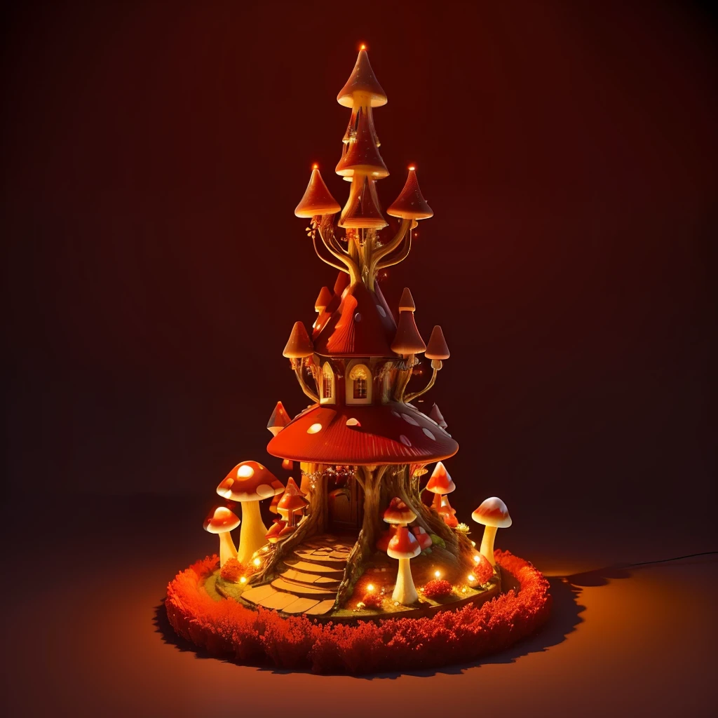 beautiful wide red crystal mushroom anthill, some fairy lights on, 3D, HD, small flower tower on top