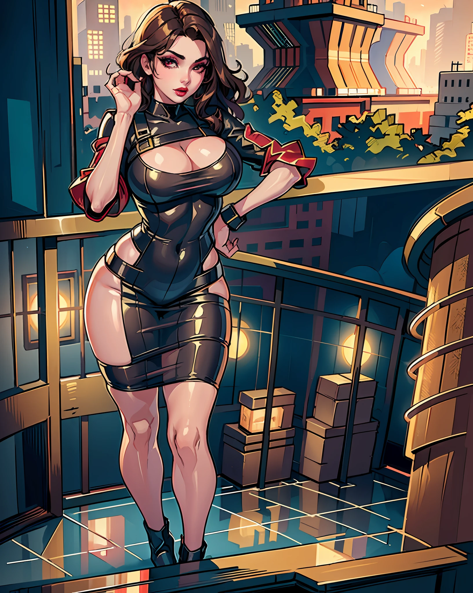 ((Night, Realistic Light, Best Quality, 8K, Masterpiece: 1.3)), Standing, Standing 1girl, curvy Beauty: 1.4, (Brown Hair, Big Breasts: 1.3), (cleavage: 1.2), short See through golden Silk Dress: 1.2, Super Fine Face, Detailed Eyes, stylish hair, detailed hair, dark red eyes, detailed eyes, red lipstick, pretty lips, anime style, highly detailed, volumetric lights