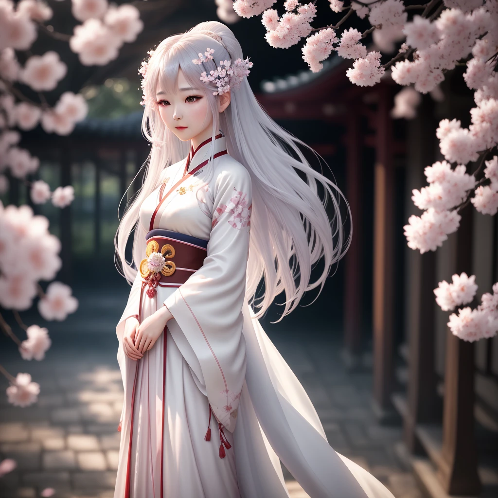 arafed woman in a white dress and a pink flower in her hair, palace , a girl in hanfu, white hanfu, artwork in the style of guweiz, render of a cute 3d anime girl, anime styled 3d, 3 d anime realistic, trending on cgstation, guweiz, smooth anime cg art
