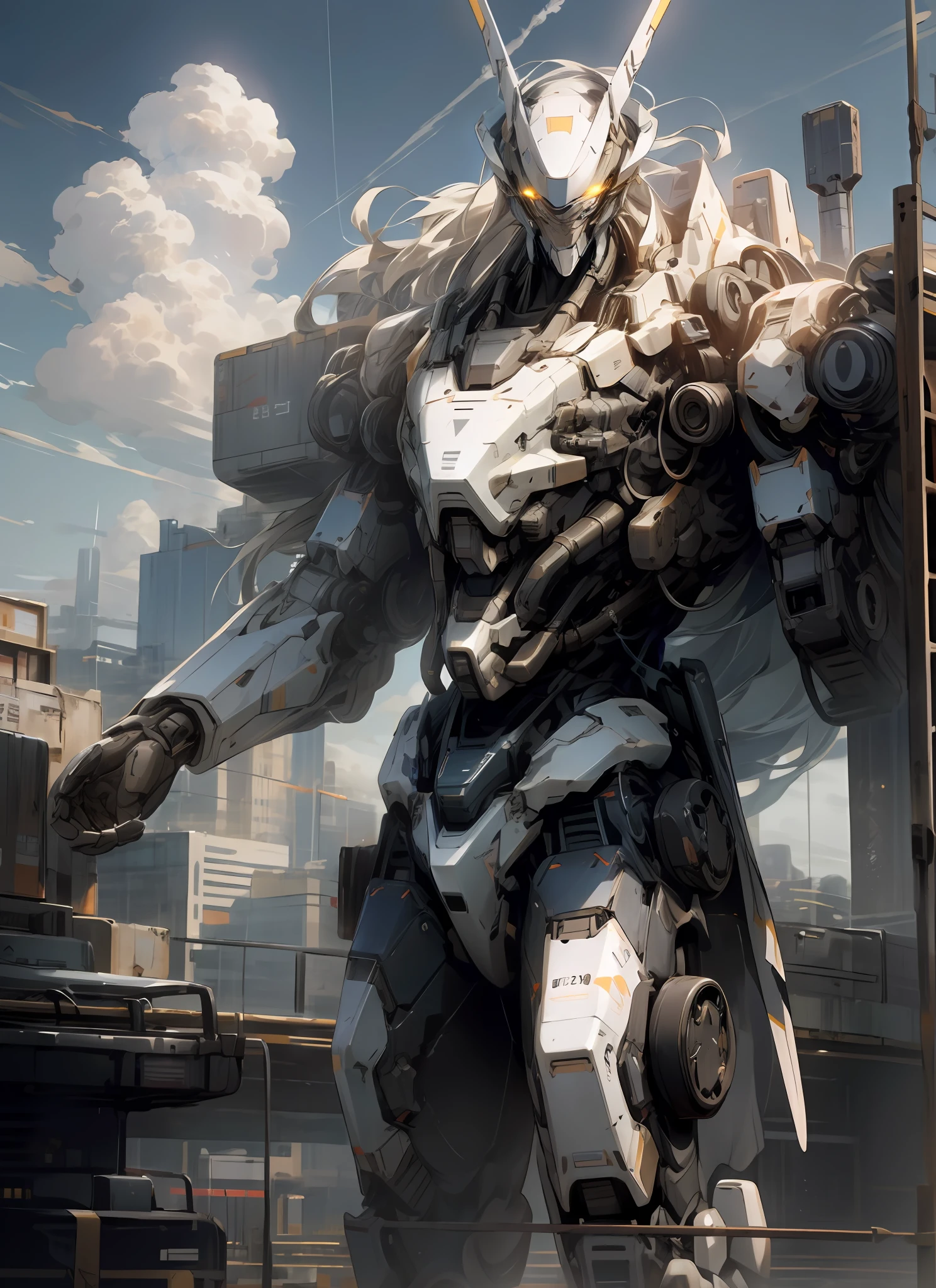 "sky, cloud, holds_weapon, no_human, glowing, robot, building, radiant_eyes, mech, sci-fi, cityscape, realistic, mechanical"