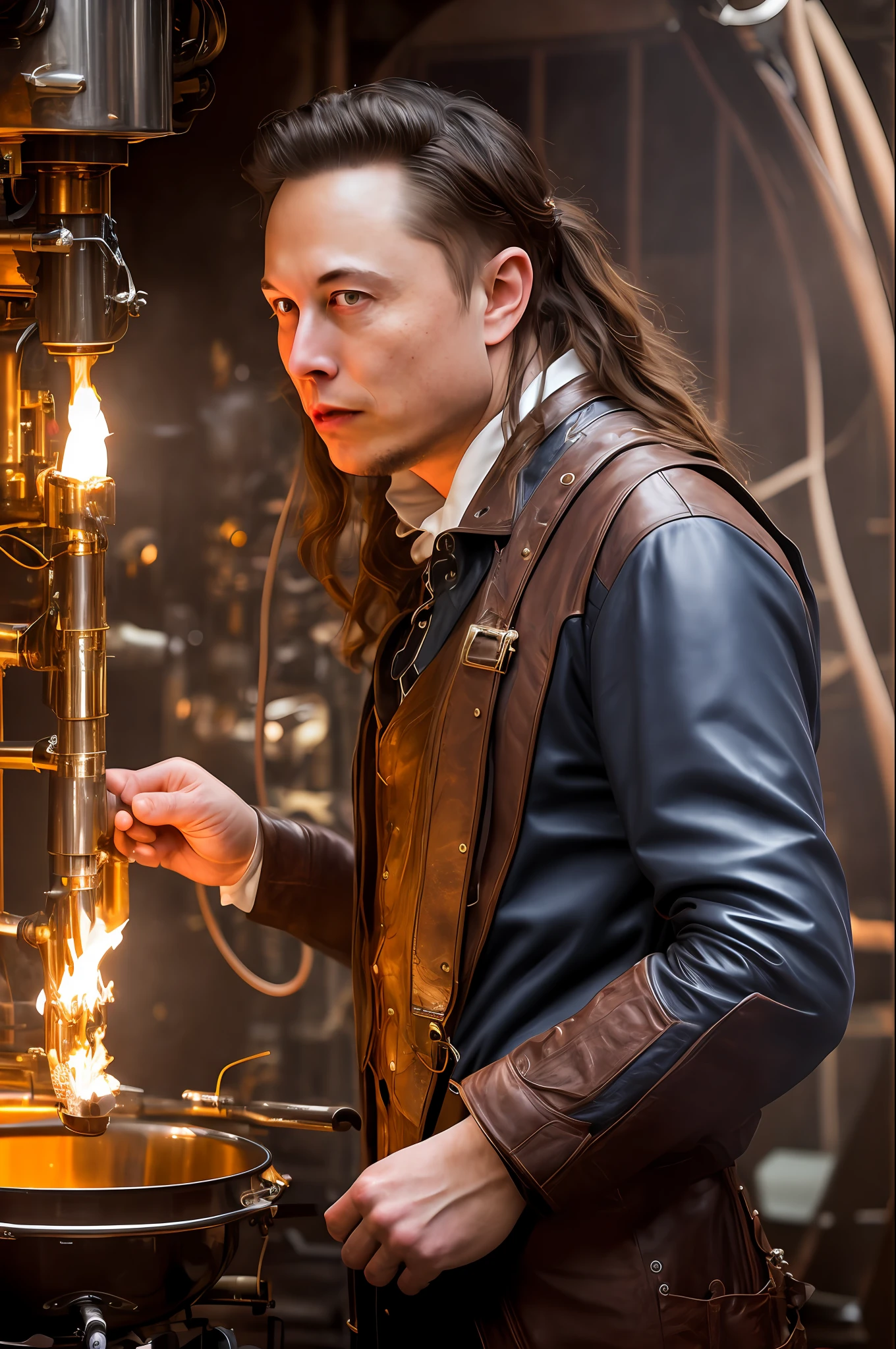 Elon Musk in the steampunk at the party, he is in a barbecue, barbecue grill, black and blue leather, super fine, super sharp, long russet hair braided, 8k, (very detailed: 1.5), full body photo, 20 megapixels, canon eos r3, delicate skin, pale skin
