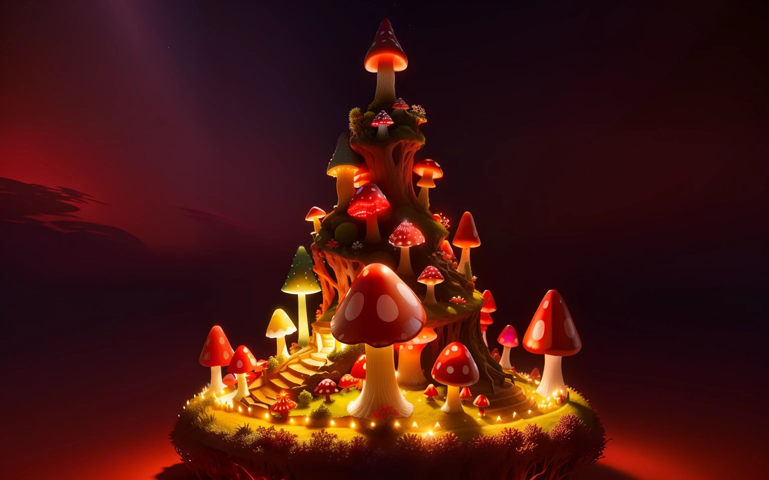 beautiful wide red crystal mushroom anthill, some fairy lights on, 3D, HD, small flower tower on top