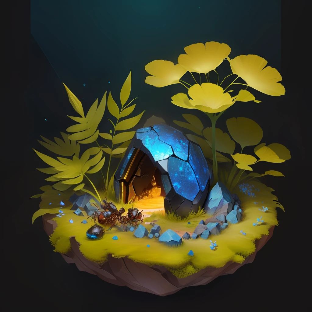 ant nest is a golden ore melded with green and blue stones cristals on the sides ants working around