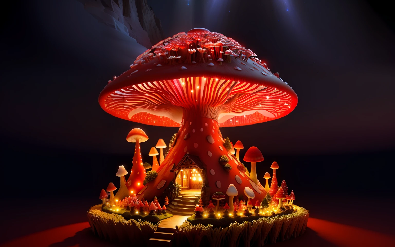 beautiful wide red crystal mushroom anthill, some fairy lights on, 3D, HD, small flower tower on top