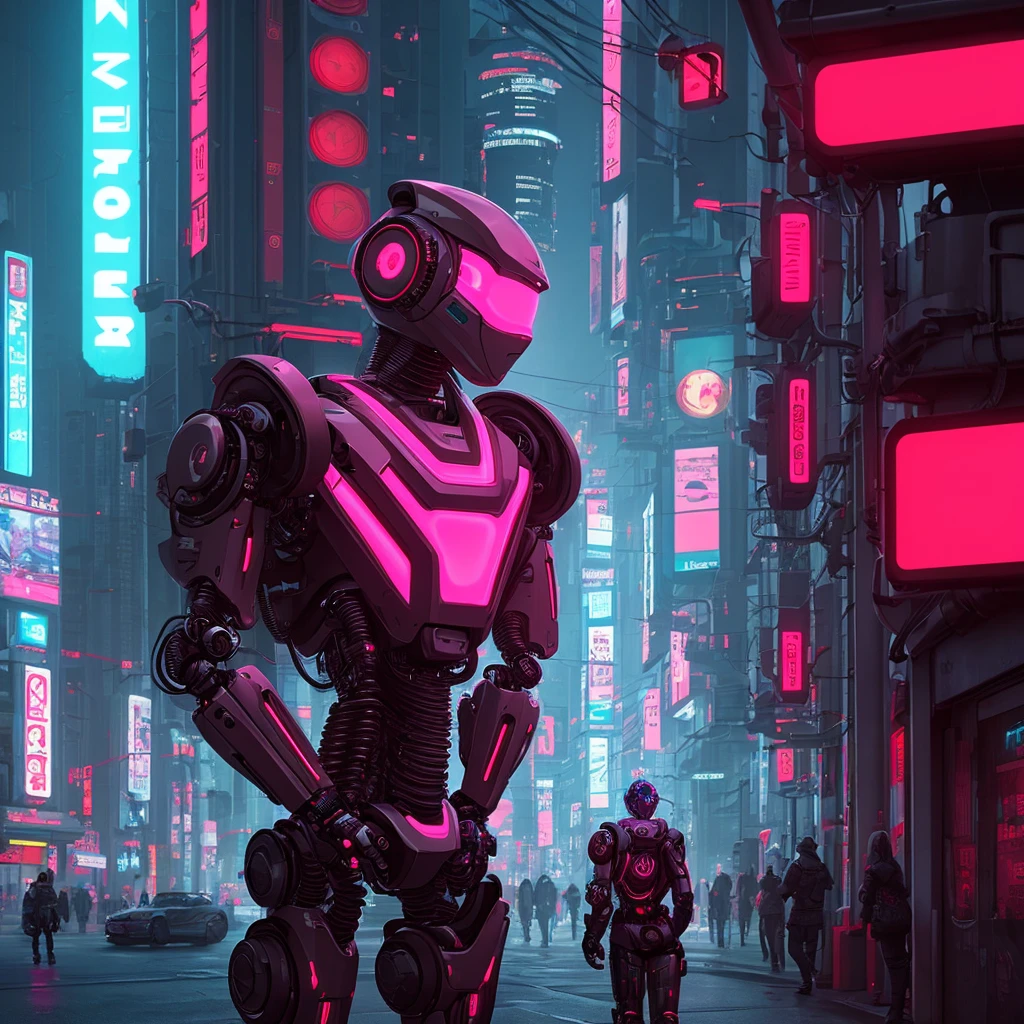 a robot:: cyberpunk::1 dusk::1 neon red color::1 metallic::1 --v 4 --quality 2