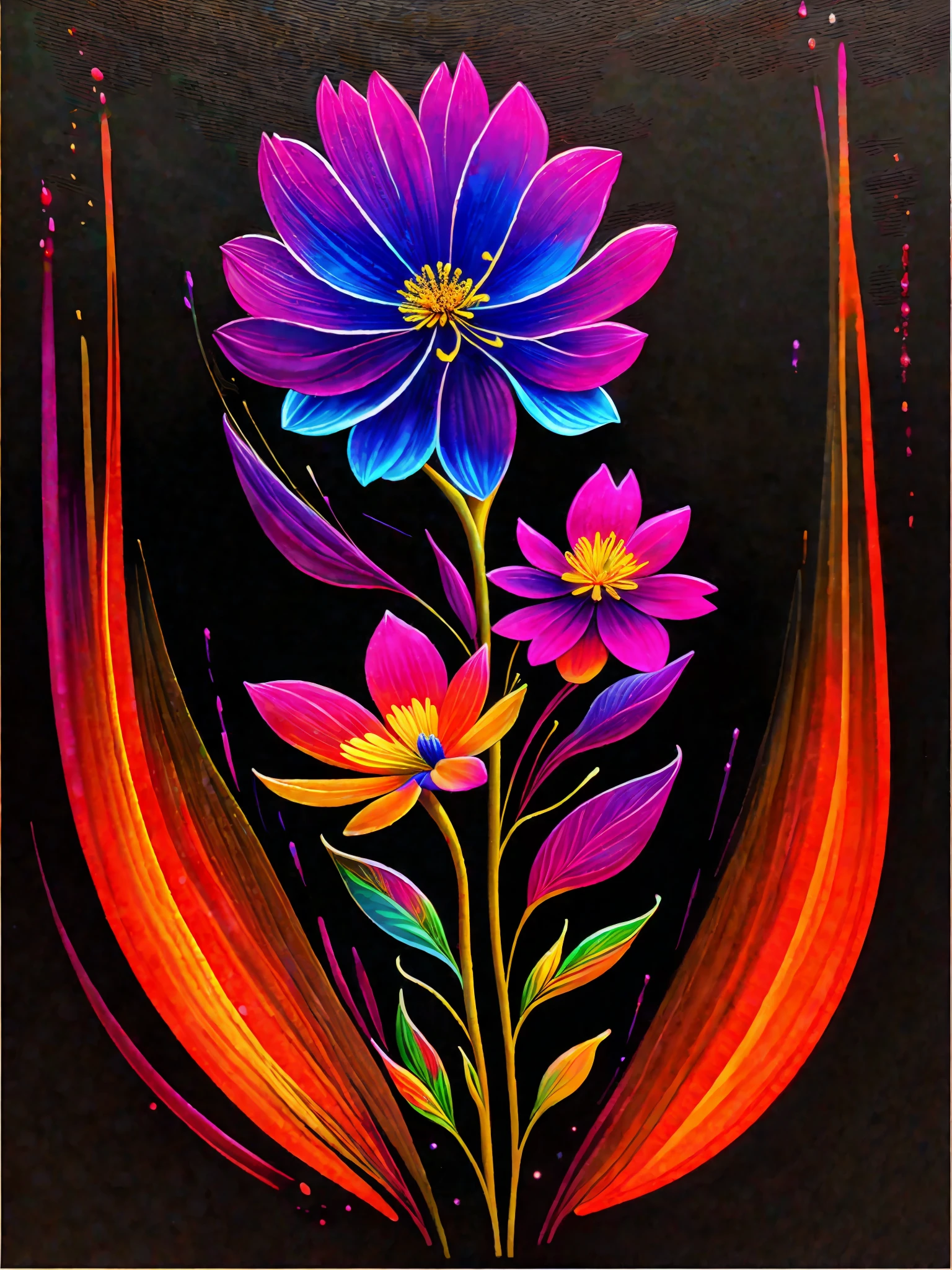 a painting of a colorful flower on a black background,, breathtaking rendering, within a radiant connection, inspired by Kinuko Y. Craft,, magical elements, flower icon, wow, is beautiful, casting a multi colorful spell, bright flash, flash