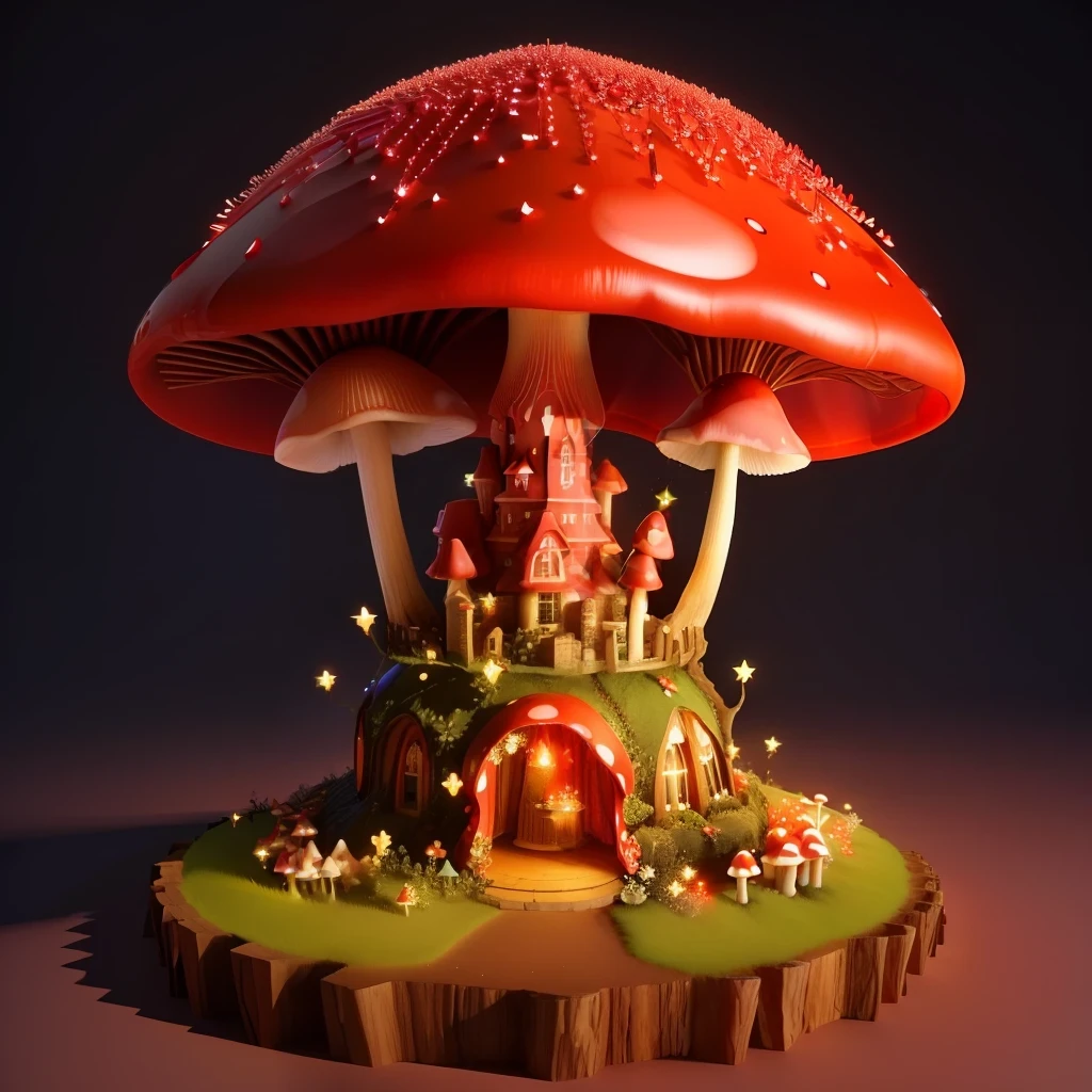 beautiful wide red crystal mushroom anthill, some fairy lights on, 3D, HD, small flower tower on top