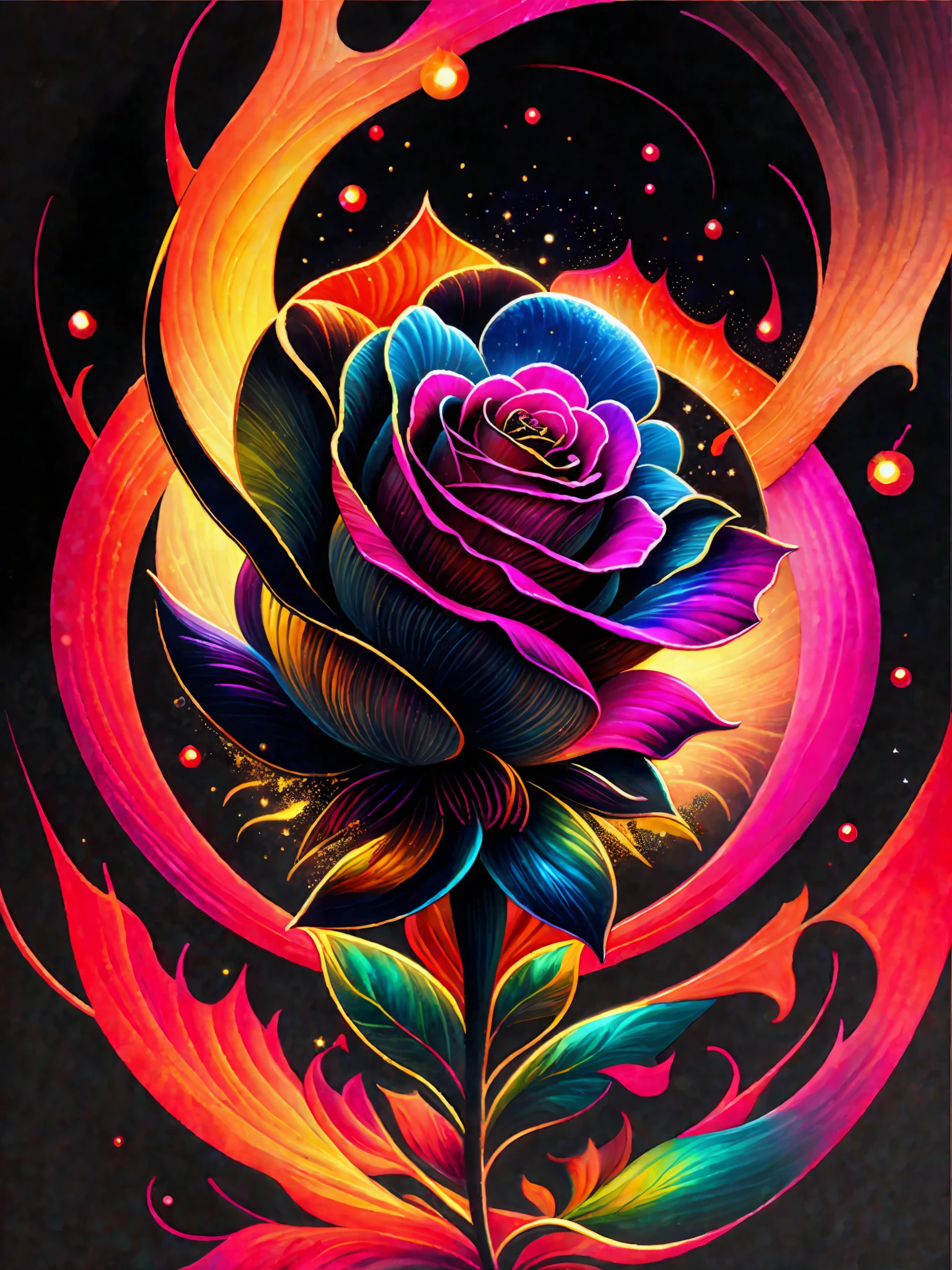 a painting of a colorful rose on a black background,, breathtaking rendering, within a radiant connection, inspired by Kinuko Y. Craft,, magical elements, rose icon, wow, is beautiful, casting a multi colorful spell, bright flash, flash