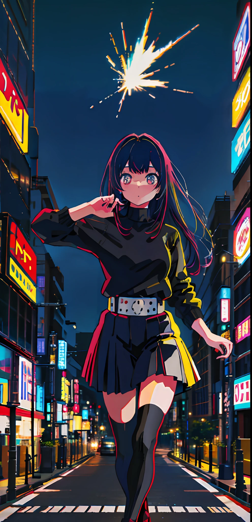 1girl, solo, black sweater uniform, bangs,happy,posing, multicolored hair, (masterpiece:1.2), highres, best quality, 8k, Night neon city Tokyo background, white hair