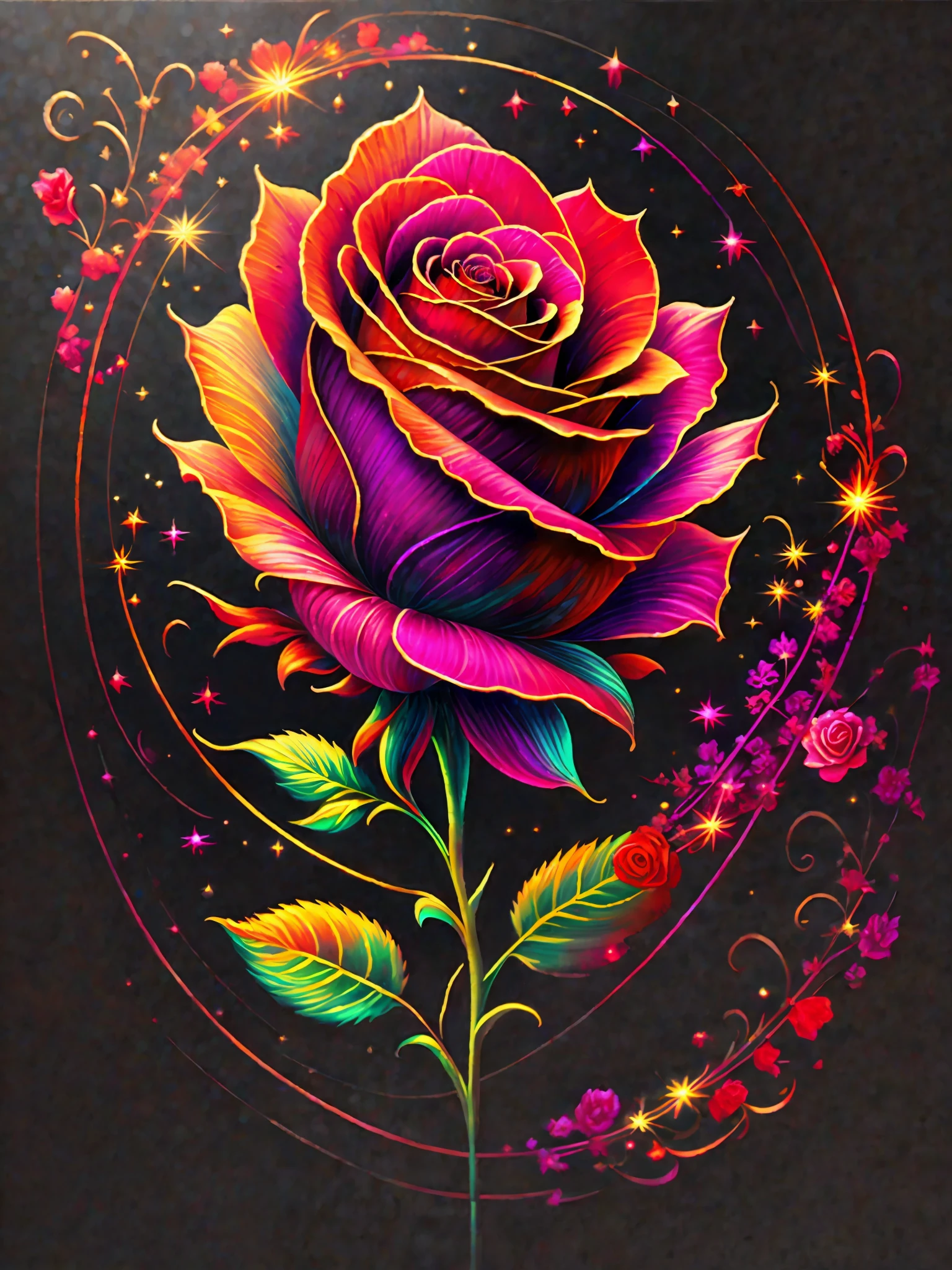 a painting of a colorful rose on a black background,, breathtaking rendering, within a radiant connection, inspired by Kinuko Y. Craft,, magical elements, rose icon, wow, is beautiful, casting a multi colorful spell, bright flash, flash