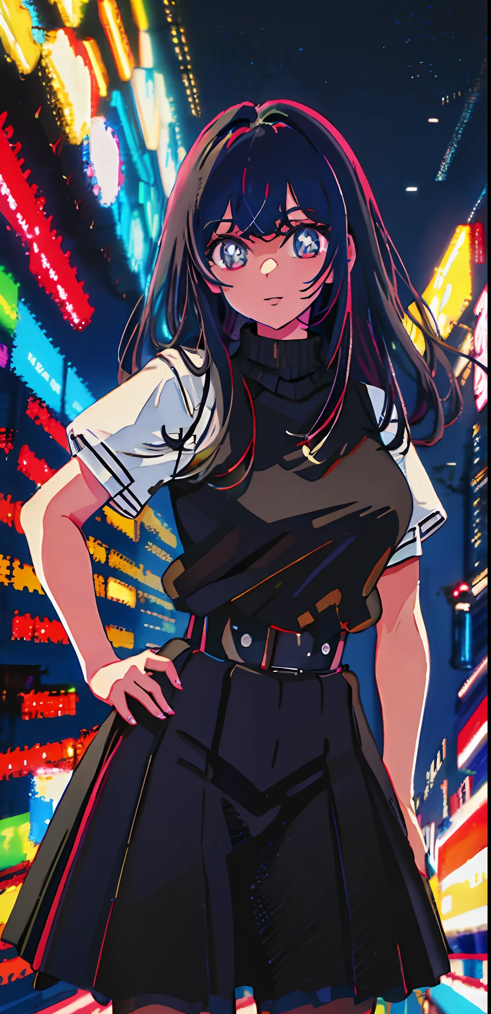 1girl, solo, black sweater uniform, bangs,happy,posing, multicolored hair, (masterpiece:1.2), highres, best quality, 8k, Night neon city Tokyo background, white hair