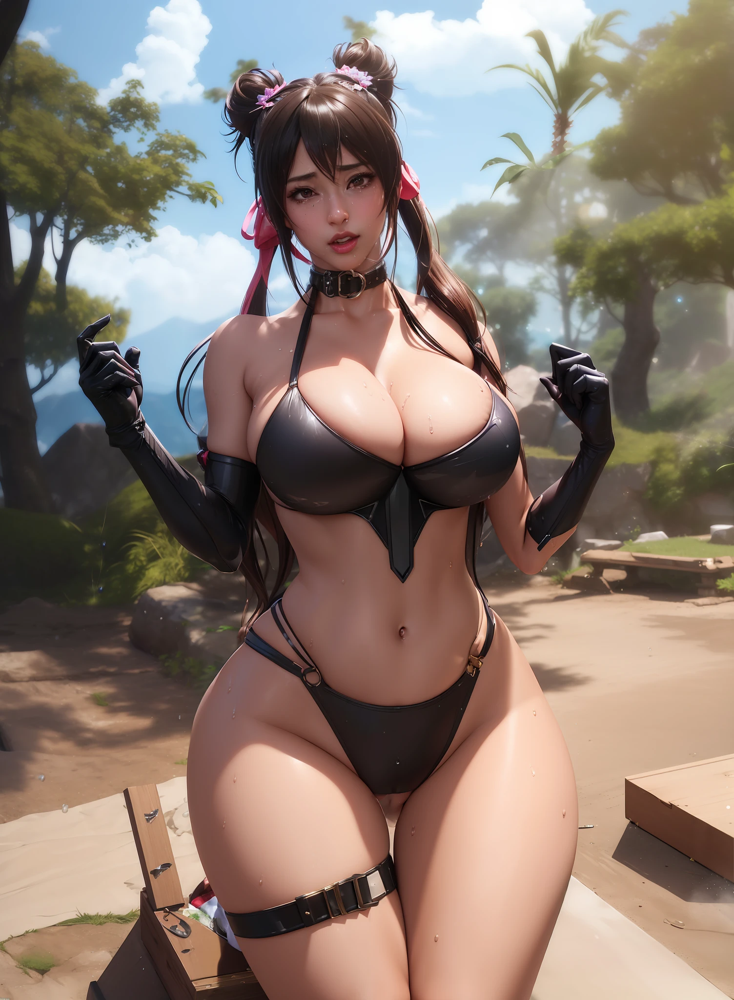 1 girl, Beautiful photorealistic Lucky Chloe from Tekken, blushing, slave, wearing a extremely revealing Evangelion style bodysuit with cyborg style wings on her back, corset, Gantz, Final Fantasy, major cleavage, breast indentation, Runeterra forest, picnic, slave collar, chains, bdsm, gravure, busty, highly detailed, 8k, high resolution, solo, big juicy lips, thick juicy thighs, hair ornament, large shiny breasts, gloves, looking at viewer, photorealistic, Cinema 4D, octane render, curvy but slender, smokey mist, illuminati style, use advanced machine learning to create the perfect waifu, massive wet exposed camel toe, trending on Pixiv, trending on civitai, perfect composition, sfw, professional quality, unreal engine(best quality),(highly detailed),(masterpiece),(ultra-detailed),(absurdres),(((artbook))),((8k_wallpaper)),moonlight, stars, petite, full body, crying tears, chest wet, blushing, shy, seductive, outside, sunbathing, covered in body oil