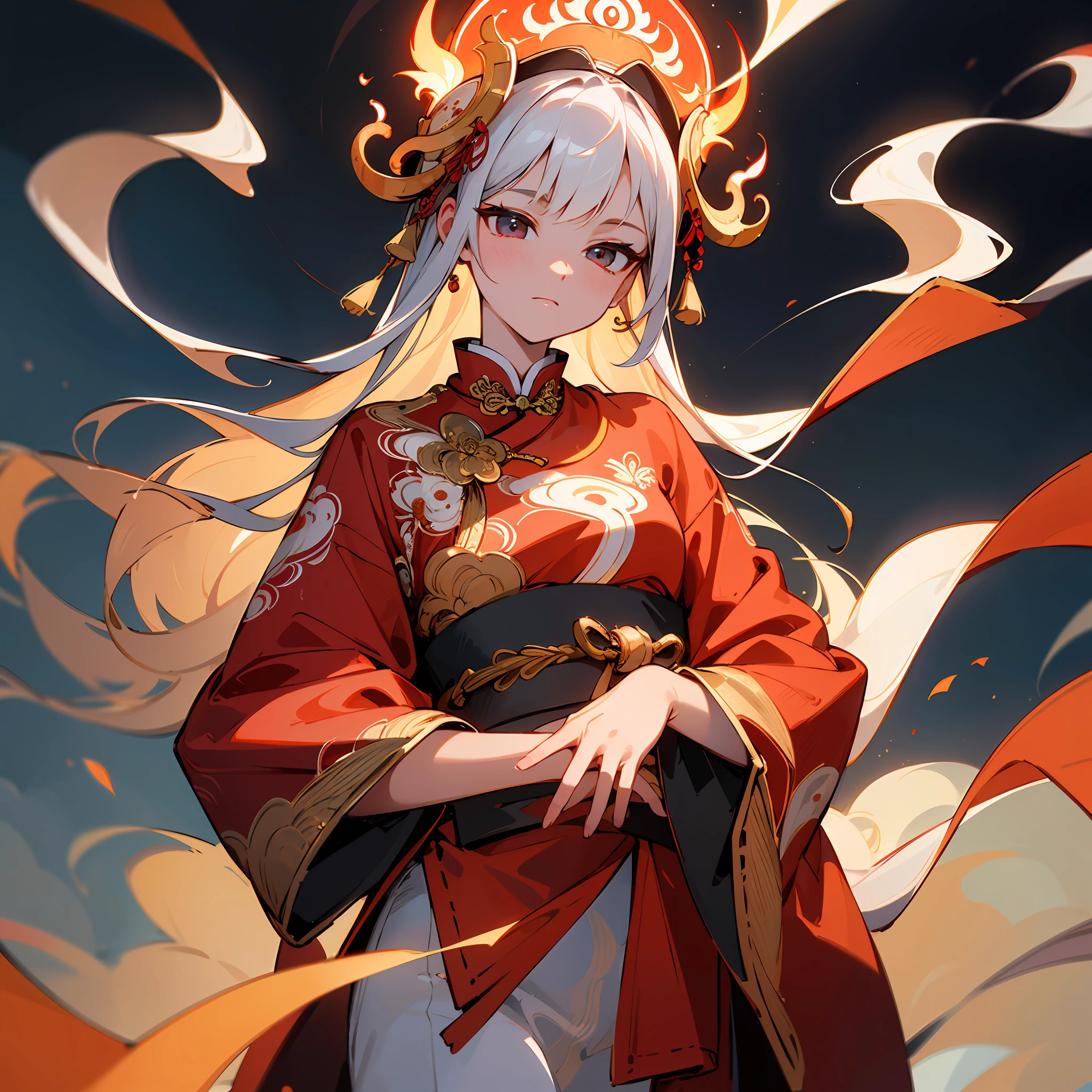 (Masterpiece: 1.4), Super Detailed Rendering Style, 8K, Perfect Face, Perfect, Clean, Masterpiece, (Rich Detail: 1.4), Intricate Detail, Delicate Pattern, Film Lighting, Professional Artwork, Crimson Deity Poster, Red Flame and Black Swirl, A Beautiful Girl, Illustration, Traditional Chinese Costume Jewelry, Anime Style, Oil on Acrylic, Light White and Light Silver, Gold, Flame, Tindal Light, Smoke, Delicate Clothing, Traditional Clothing, Striking Details, Best Quality. --AR 9:16--niji 5 --Style expression