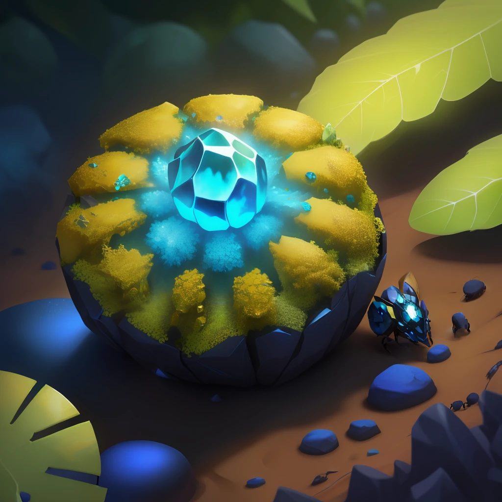 ant nest is a golden ore melded with green and blue stones cristals on the sides ants working around