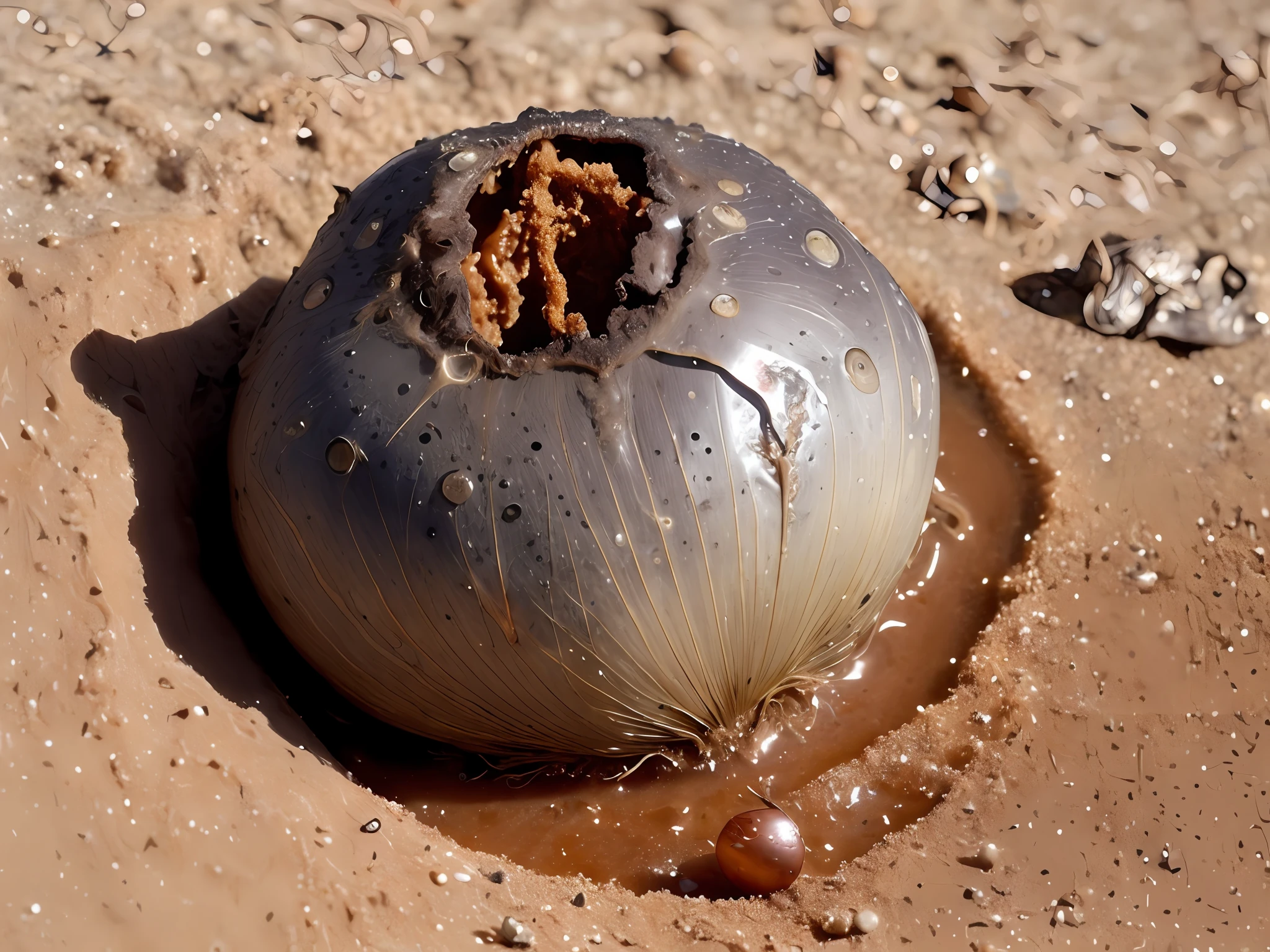 a meteorite that looks like an onion crashing in the sand, run ants run!, Doomsday, up close