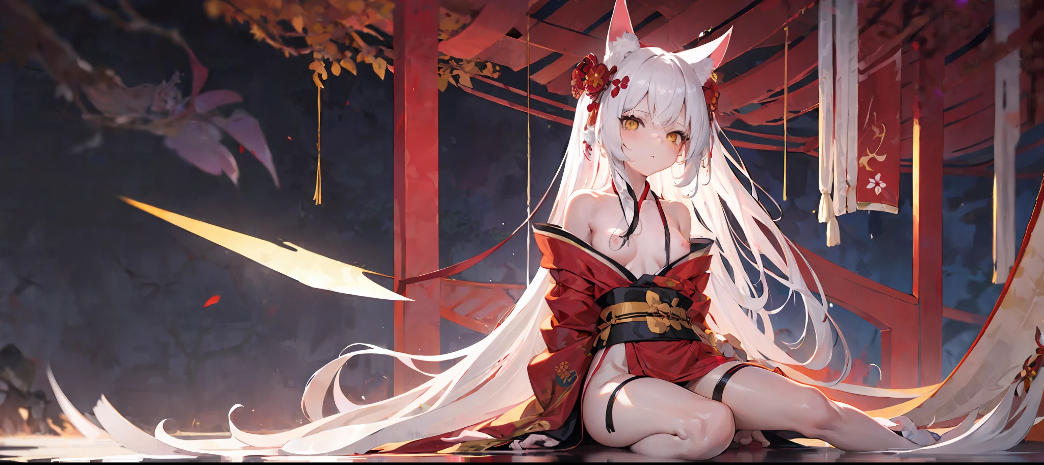 Masterpiece, best quality, 1girl, yellow eyes, long hair, white hair, sitting, red kimono, nude photos, bare face, arms behind back, nature, hair accessories, animal ears, bridge,