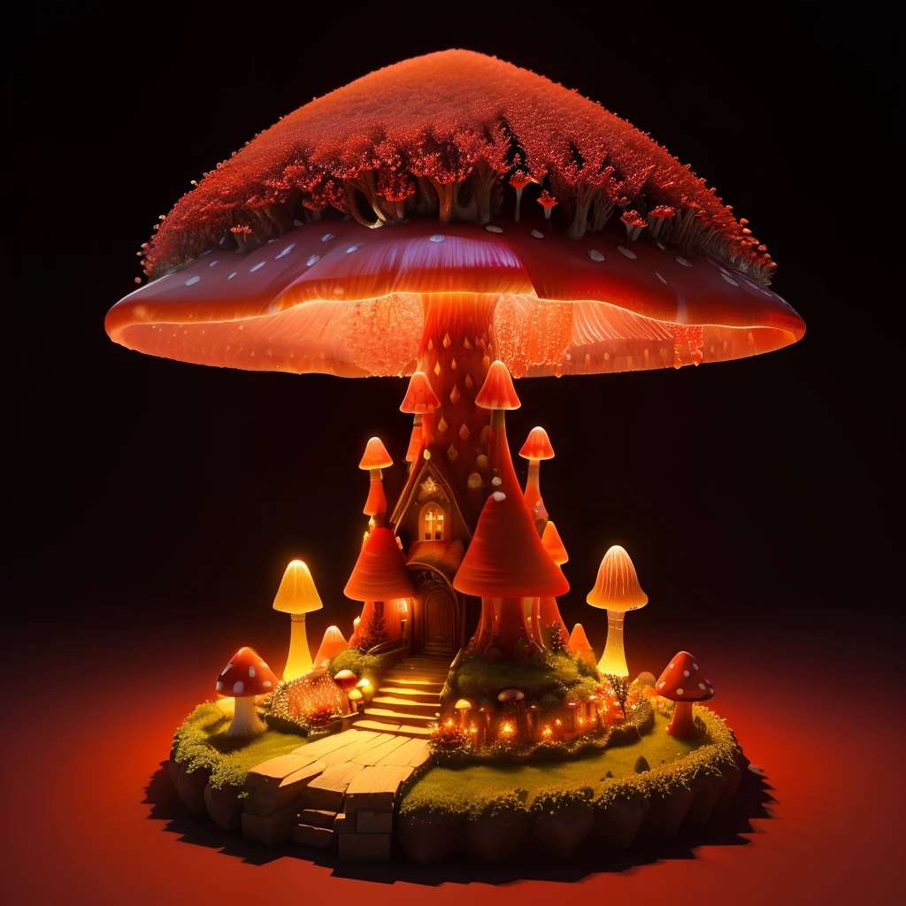 beautiful wide red crystal mushroom anthill, some fairy lights on, 3D, HD, small flower tower on top