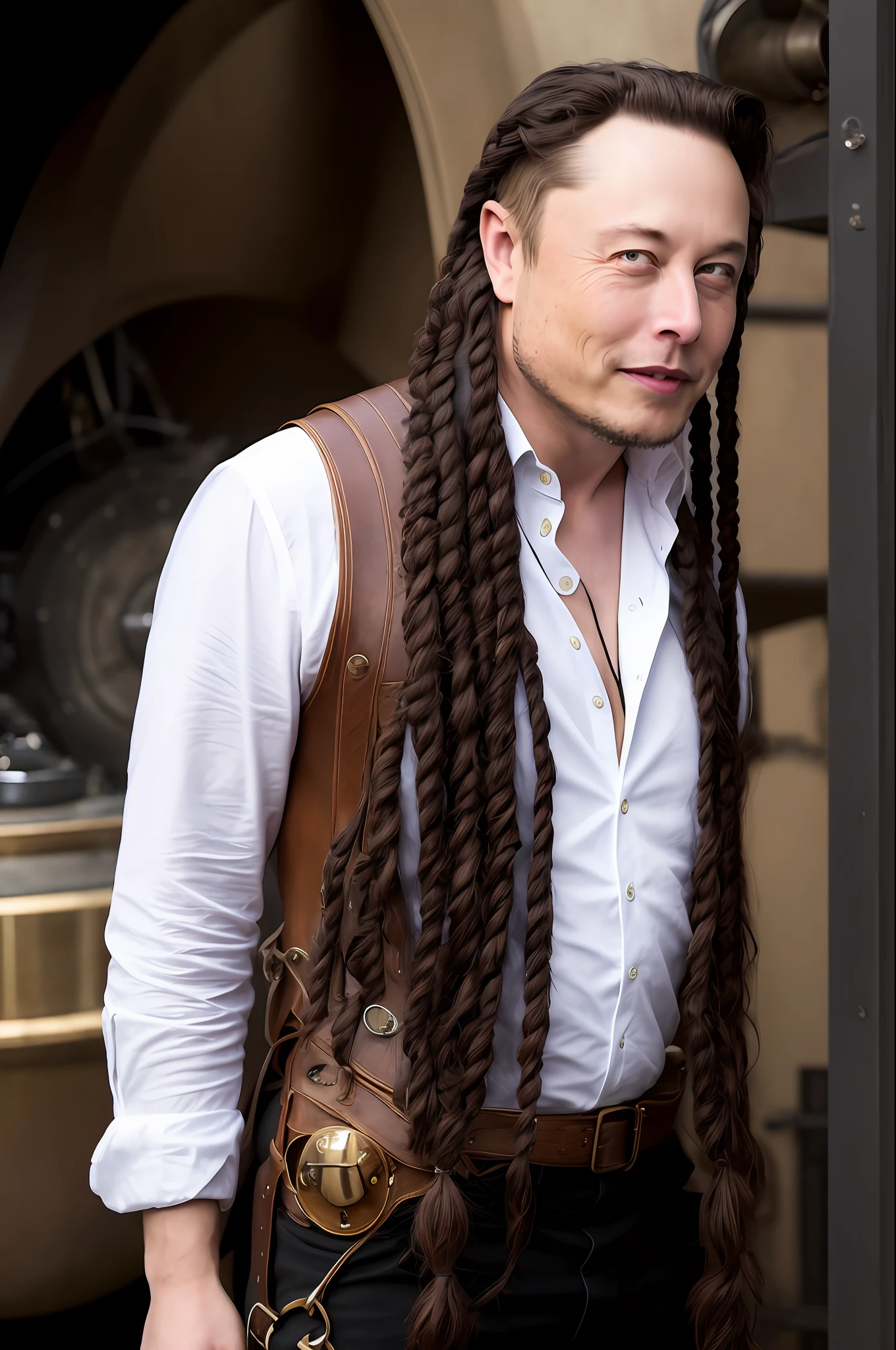 Elon Musk in the steampunk at the party, he is on the BBQ, BBQ grill, happy smile, black and blue leather, super fine, super sharp, long russet hair braided, 8k, (very detailed: 1.5), full body photo, 20 megapixels, Canon eos R3, delicate skin, pale skin