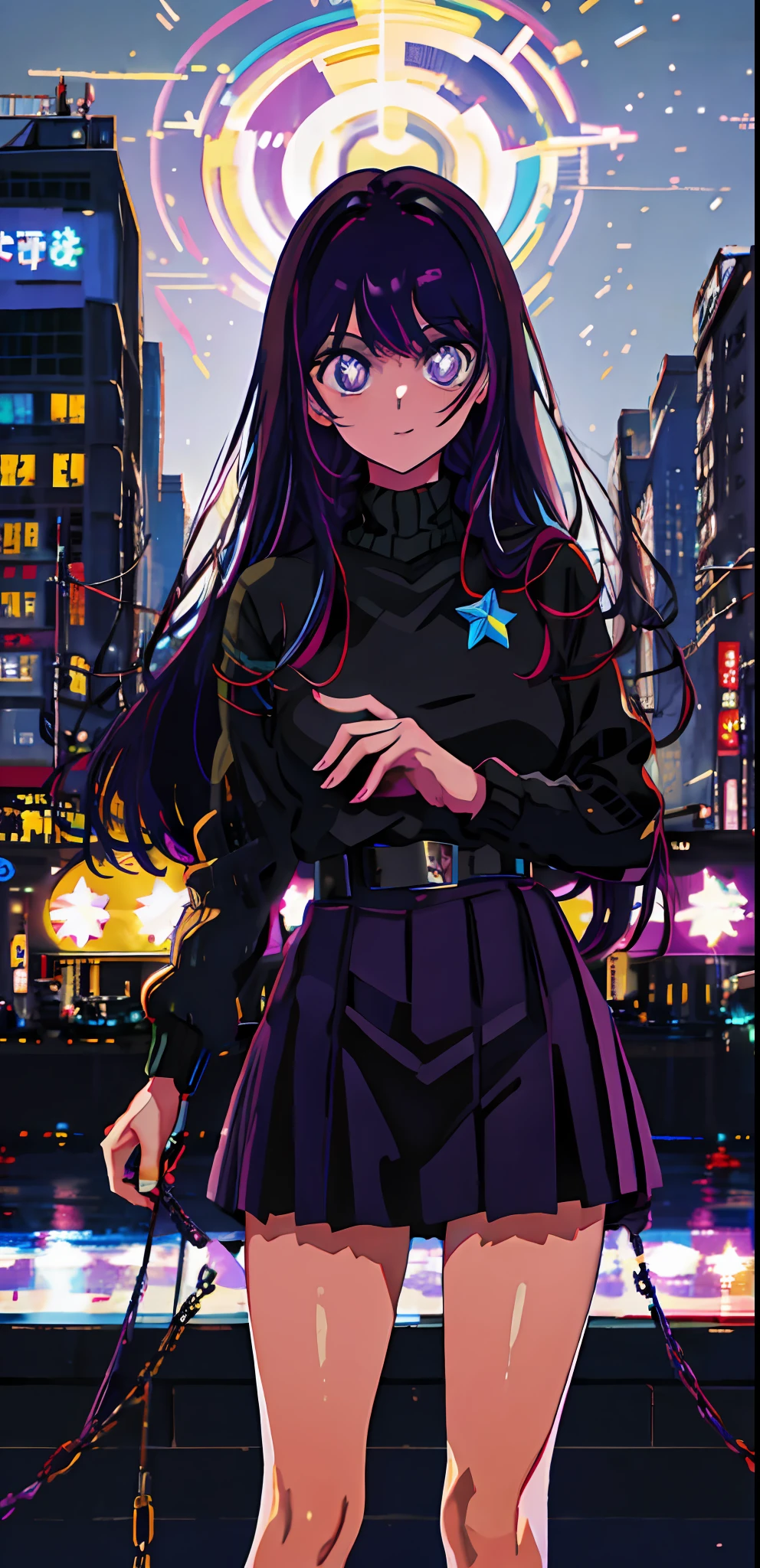 1girl, solo, black sweater uniform, bangs,happy,posing, multicolored hair, (masterpiece:1.2), highres, best quality, 8k, Night neon city Tokyo background,purple hair, star eye pupils, purple eyes