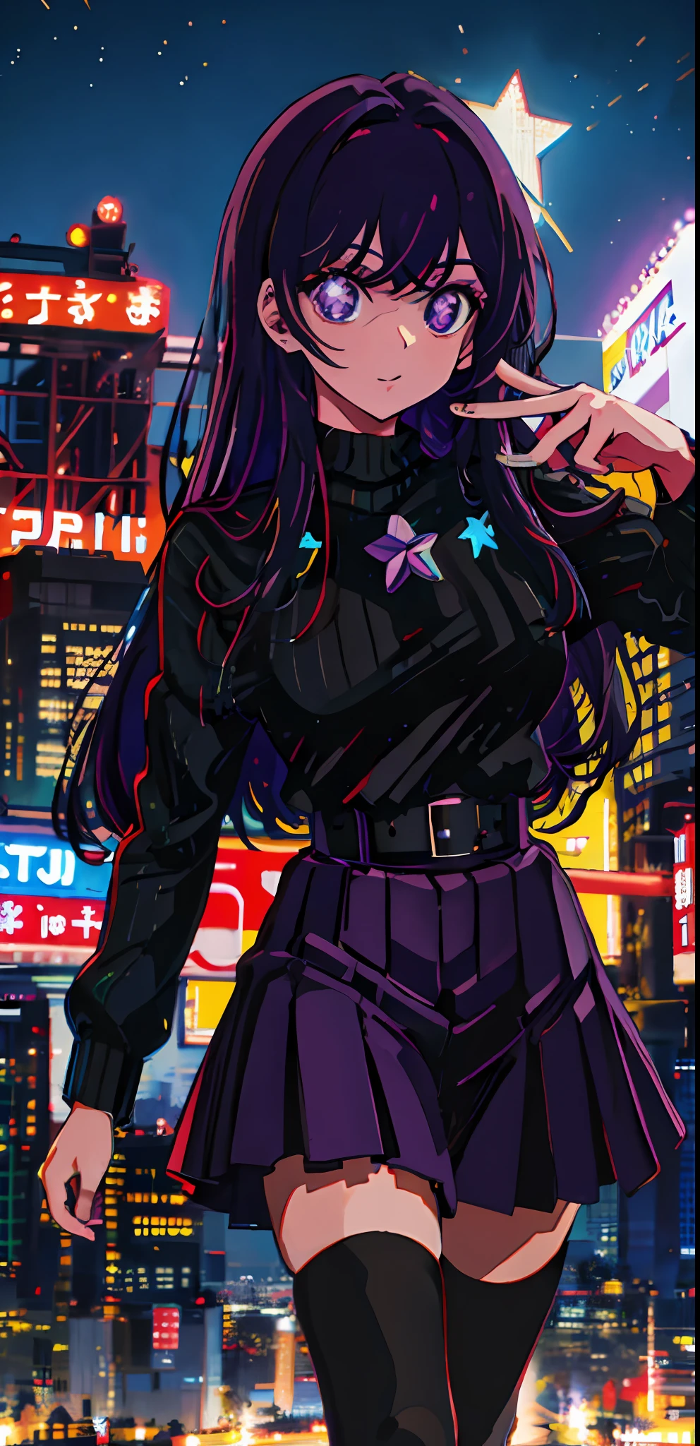 1girl, solo, black sweater uniform, bangs,happy,posing, multicolored hair, (masterpiece:1.2), highres, best quality, 8k, Night neon city Tokyo background,purple hair, star eye pupils, purple eyes