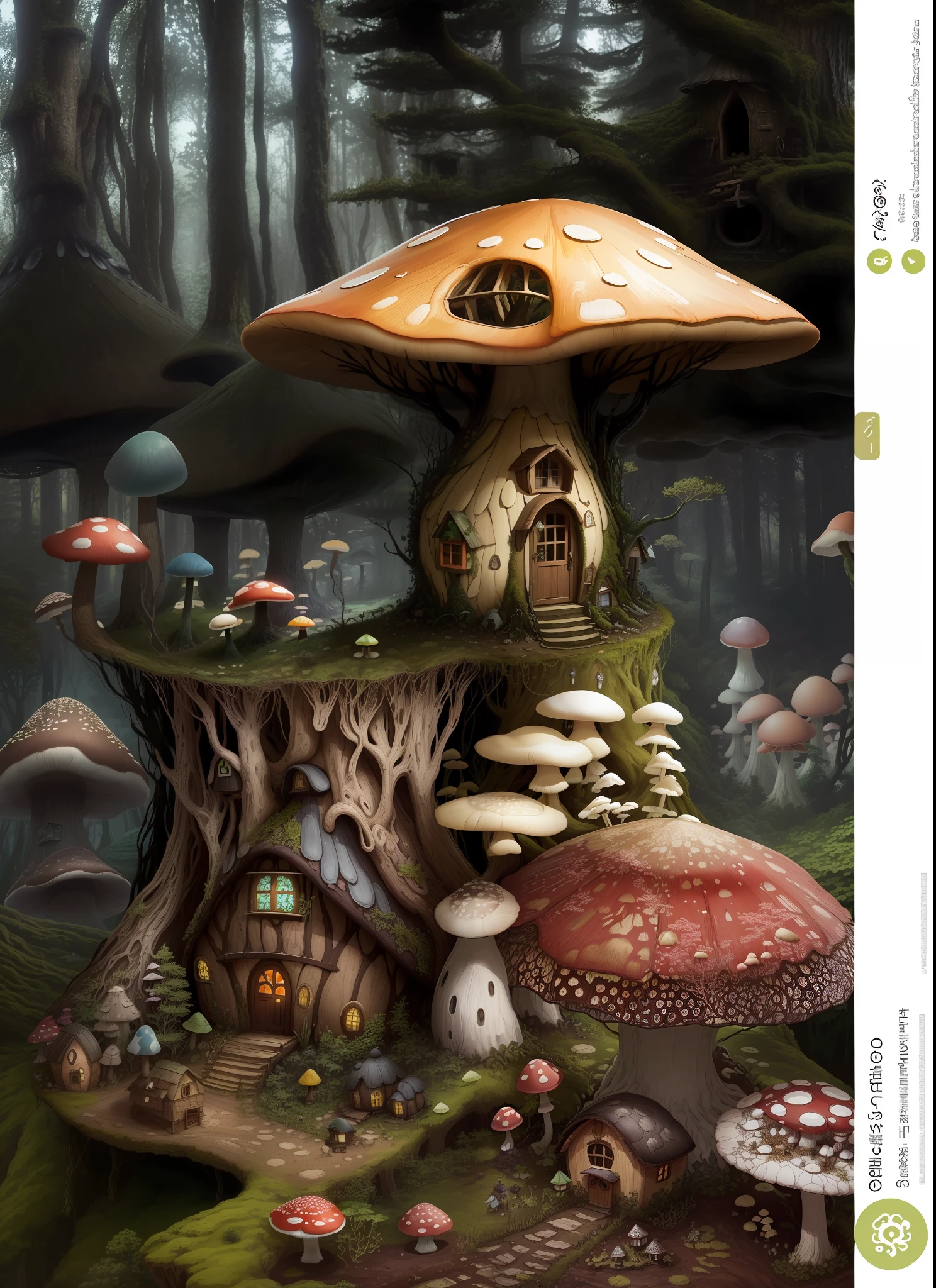 a mushroom house in the woods with mushrooms and mushrooms, mushroom house, mushroom houses, houses in the shape of mushrooms, forest made out of mushroom, mushroom hut in background, mushroom city, house in the wood, house in forest, mushroom forest, faery palace, enchanted magical fantasy forest, the small house in the forest, mushroom structures, surreal!!!