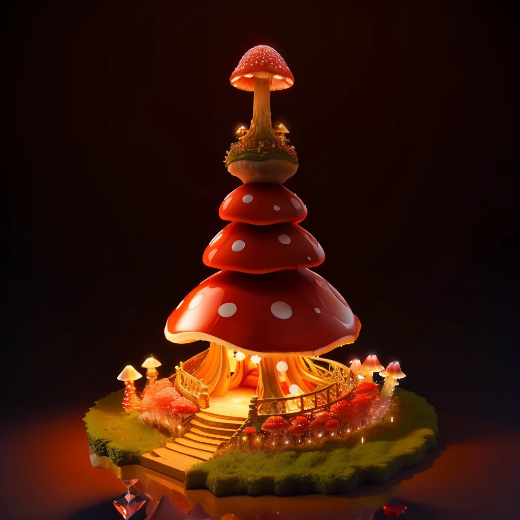 beautiful wide red crystal mushroom anthill, some fairy lights on, 3D, HD, small flower tower on top