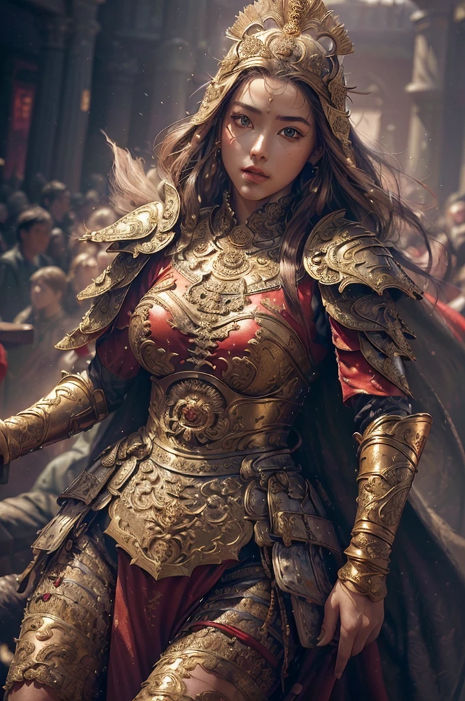 ((masterpiece))), (((best quality))), ((ultra-detailed)), (hyperrealistic), (highly detailed CG illustration), cinematic light, photorealistic ,extremely beautiful young lady, (beautiful face and lips), light makeup, big breast, intricate detailed eaba, red cape, spear, trending on artstation.