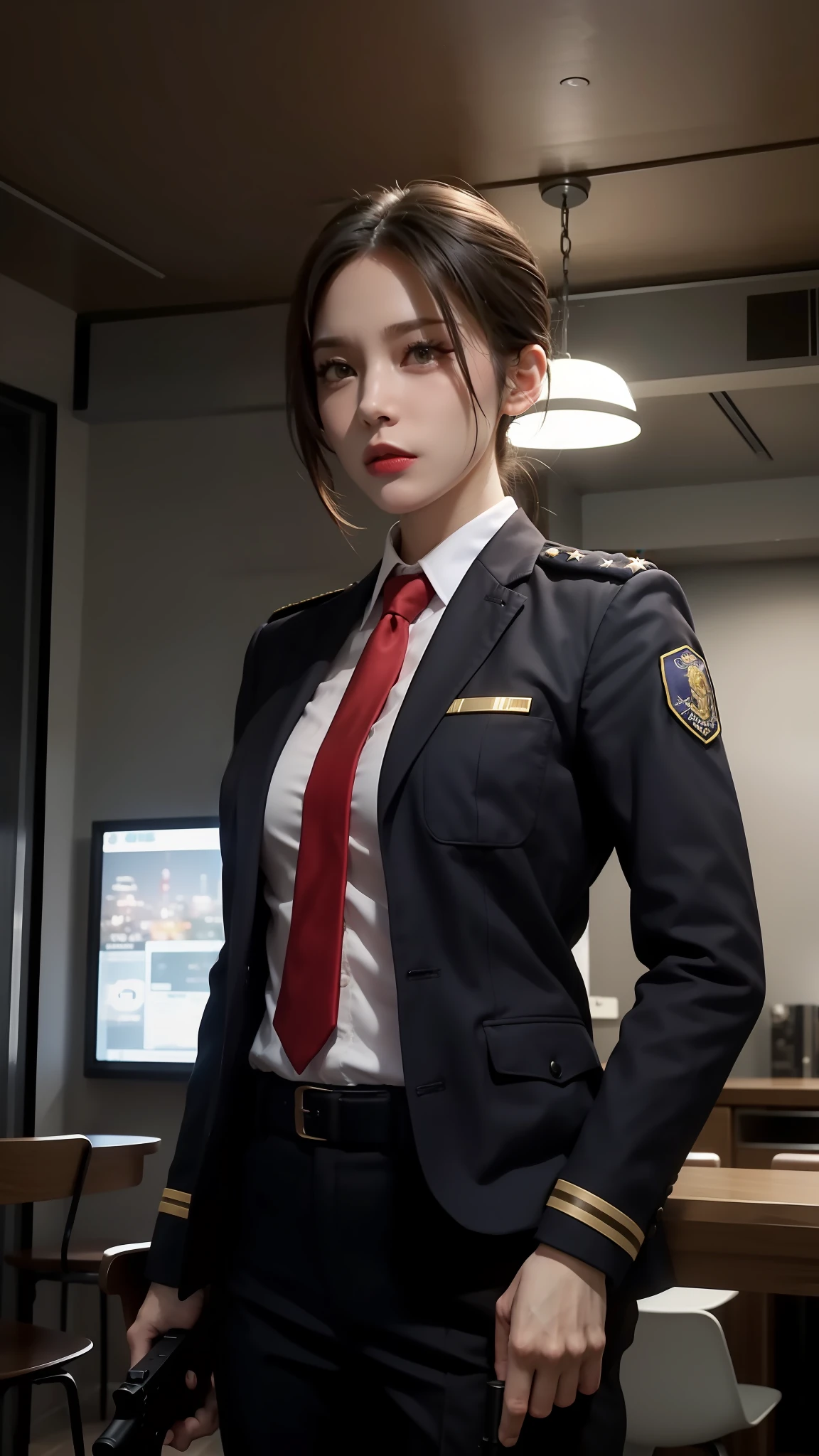FBI agent girls and boys ,whit uniform, catch a bad guy, cinematic style,gun shot scene, cinematic lighting,